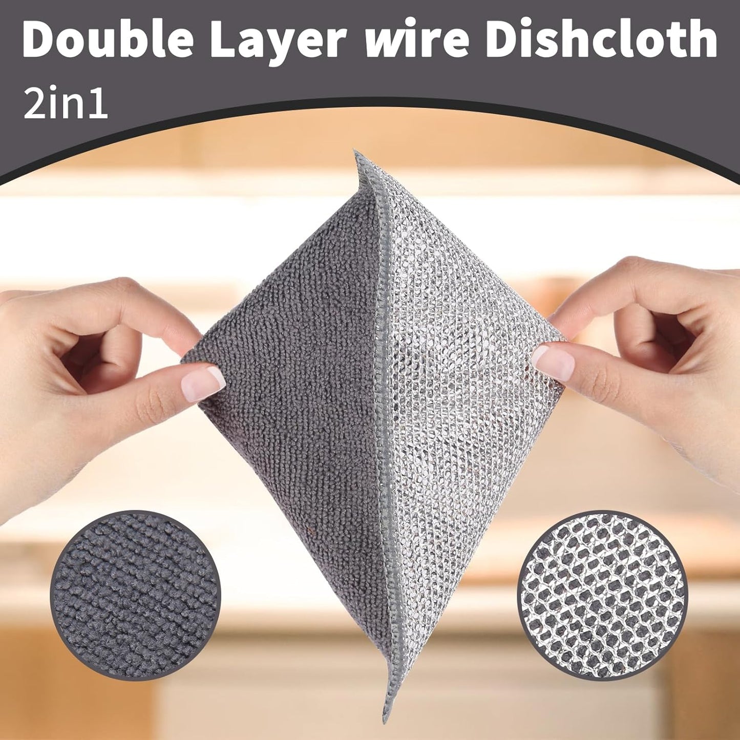 2 in 1 Stainless Steel Scrubber & Microfiber Cleaning Cloth, 5 Pack Towel & Steel Scrub Cloth for Pans, Dishes, Countertops, Reusable Non-Scratch Cleaning Pad for Kitchen Sink