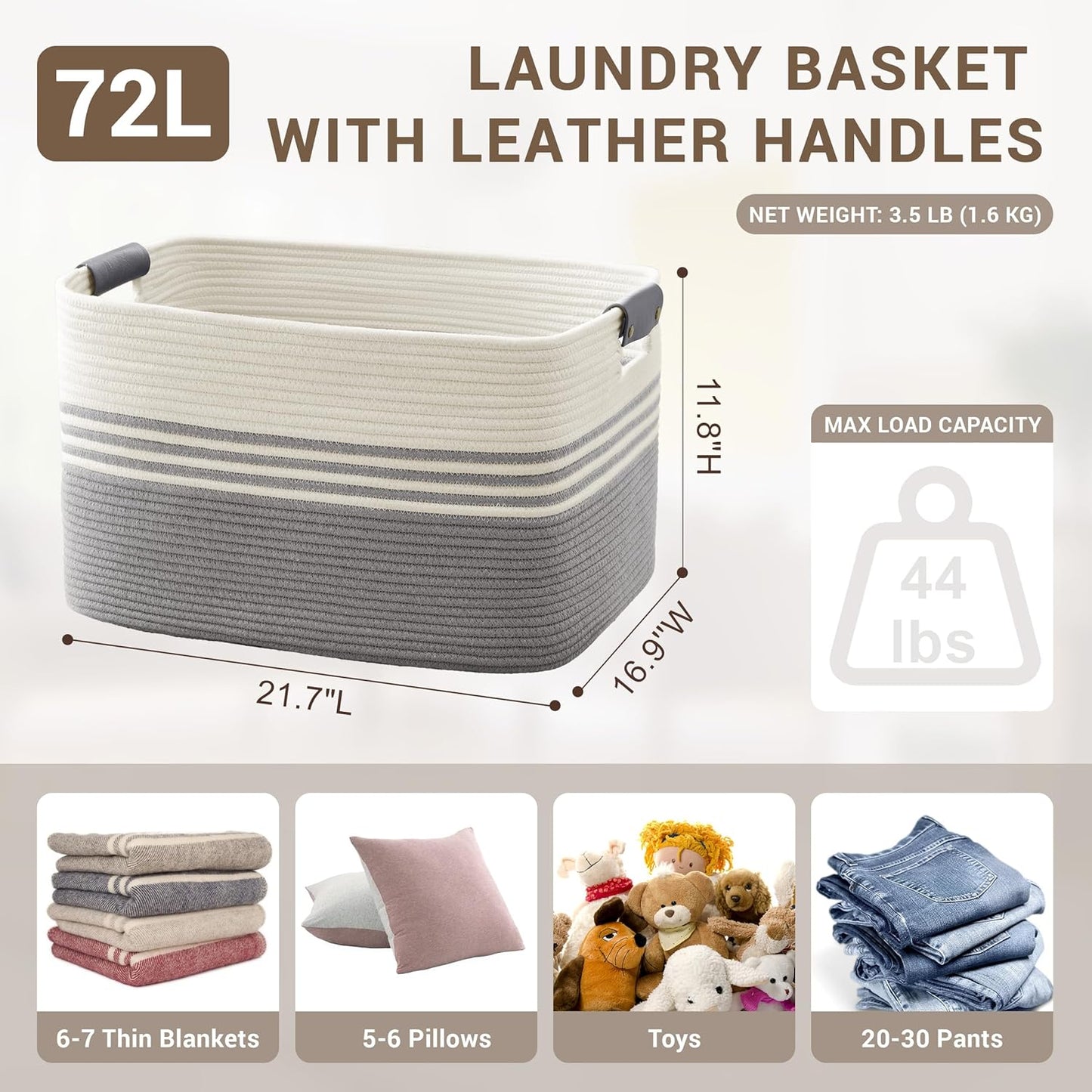 72L Large Laundry Basket with Leather Handles for Living Room Storage, Woven Rope Baskets Bin for Blanket, Kids Toy, Gifts, Wicker Hamper for Bedroom Dirty Clothes, 22"x17"x12" White Grey