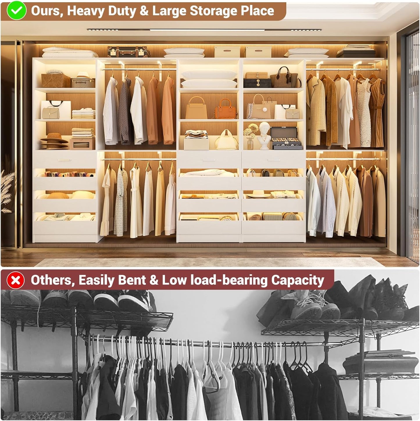 Aheaplus Closet System Set of 3, 138.5" Wood Closet Organizer System Tower with 12 Drawers & 4 Hanging Rods, 6.7+4.85Ft L Shaped Walk-in Closets Wardrobe Organizer Garment Rack with Shelves, White