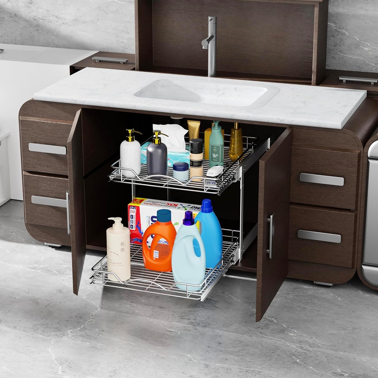 HOLDN’ STORAGE Two Tier Pull Out Cabinet Organizer, Individual Sliding Drawers - Heavy Duty Metal with Lifetime Limited Warranty - Anti Rust Chrome Finish - 28" W x 21”D x 16.5" H