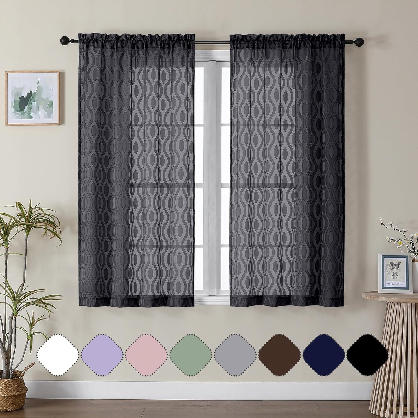 Aiyufeng Sheer Curtains 54 Inch Length 2 Panels, Soft Lightweight Clip Jacquard Textured Black Curtains for Bedroom Living Room, Modern Wavy Line Solid Voile Sheer Drapes, 40" Wx54 L Inches