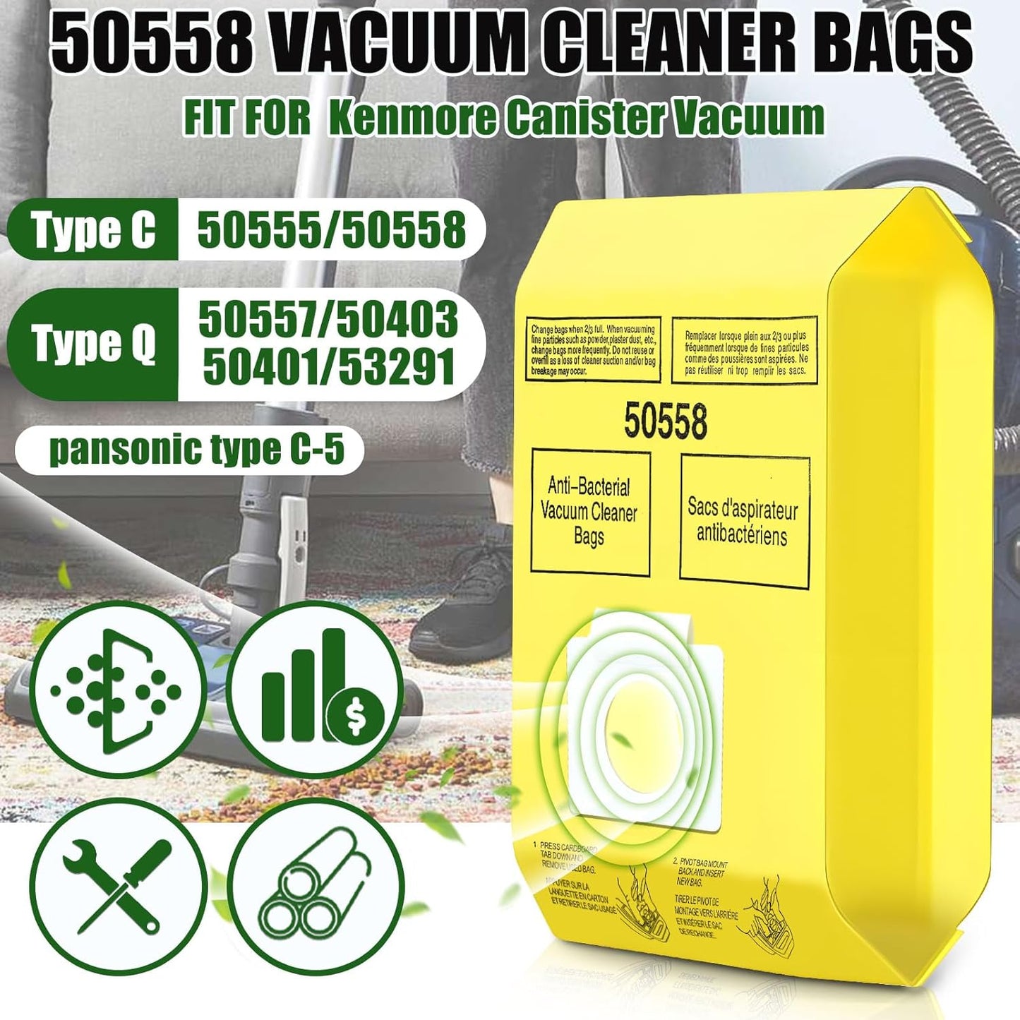 15 Pack Vacuum Cleaner Bags Fit for Kenmore Canister Type C/Q 5055 50555 50557 50558 and Pana·sonic Type C-5 C-18, 200 Series, 400 Series, 600 Series, 700 Series, 800 Series (15 Pack)