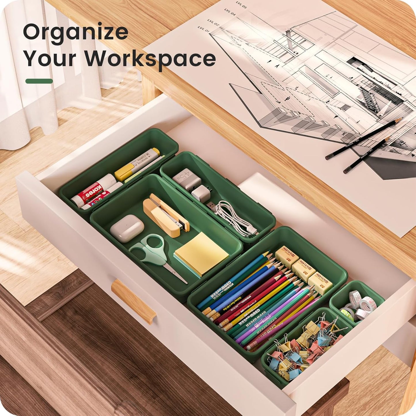 A-LuGei 【28PCS】 Drawer Organizer, Bathroom Organizers and Storage, Makeup organizer, Desk drawer organizer, Storage Bins for Kitchen Office Bedroom Vanity Jewelry Pantry Garage【ArmyGreen】【4Size】