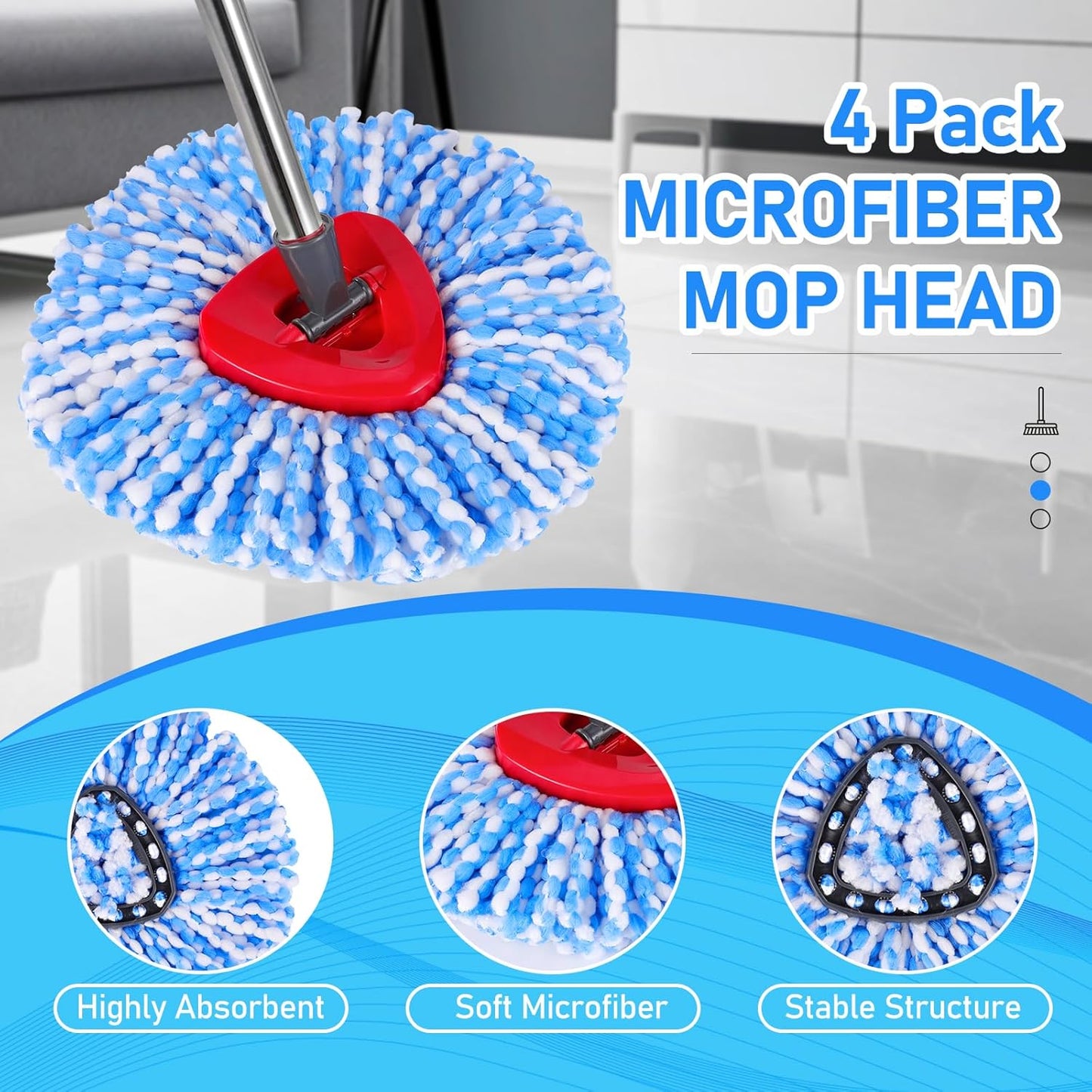 7 Pack Spin Mop Head for O-Ceda RinseClean 2 Tank System, 4 Triangle Microfiber Mop Replacement Refills, 2 Upgraded Scrub Brush & Base Head Deep Clean Mop Head for Home Office Bathroom