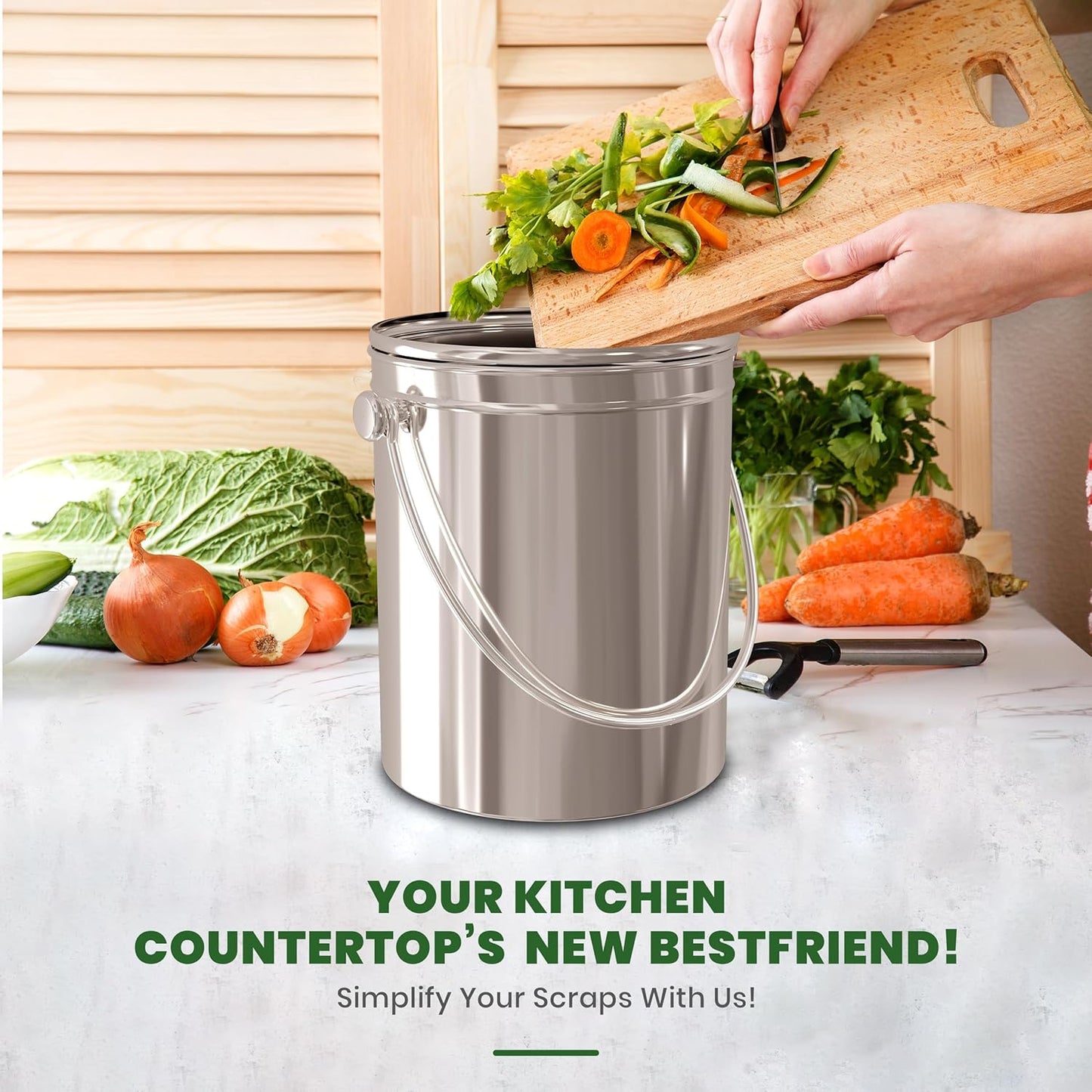 Utopia Kitchen Indoor Compost Bin Kitchen, Odorless Composting with Charcoal Filter, 1.3 Gallon Stainless Steel Large Composter for Countertop & Under Sink, Easy Cleaning, One Extra Filter - (Silver)