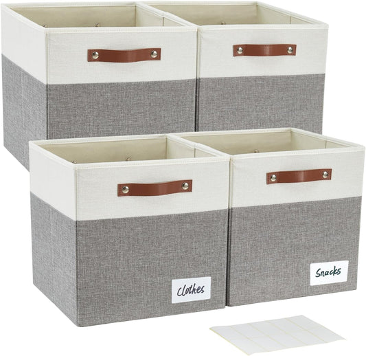 Collapsible Fabric Storage Cube Bins with 2 Reinforced PU Handles, Foldable Storage Organizer Baskets for Closet, Shelves, Living Room | 13"x13"x13", 4 Pack, Gray & White