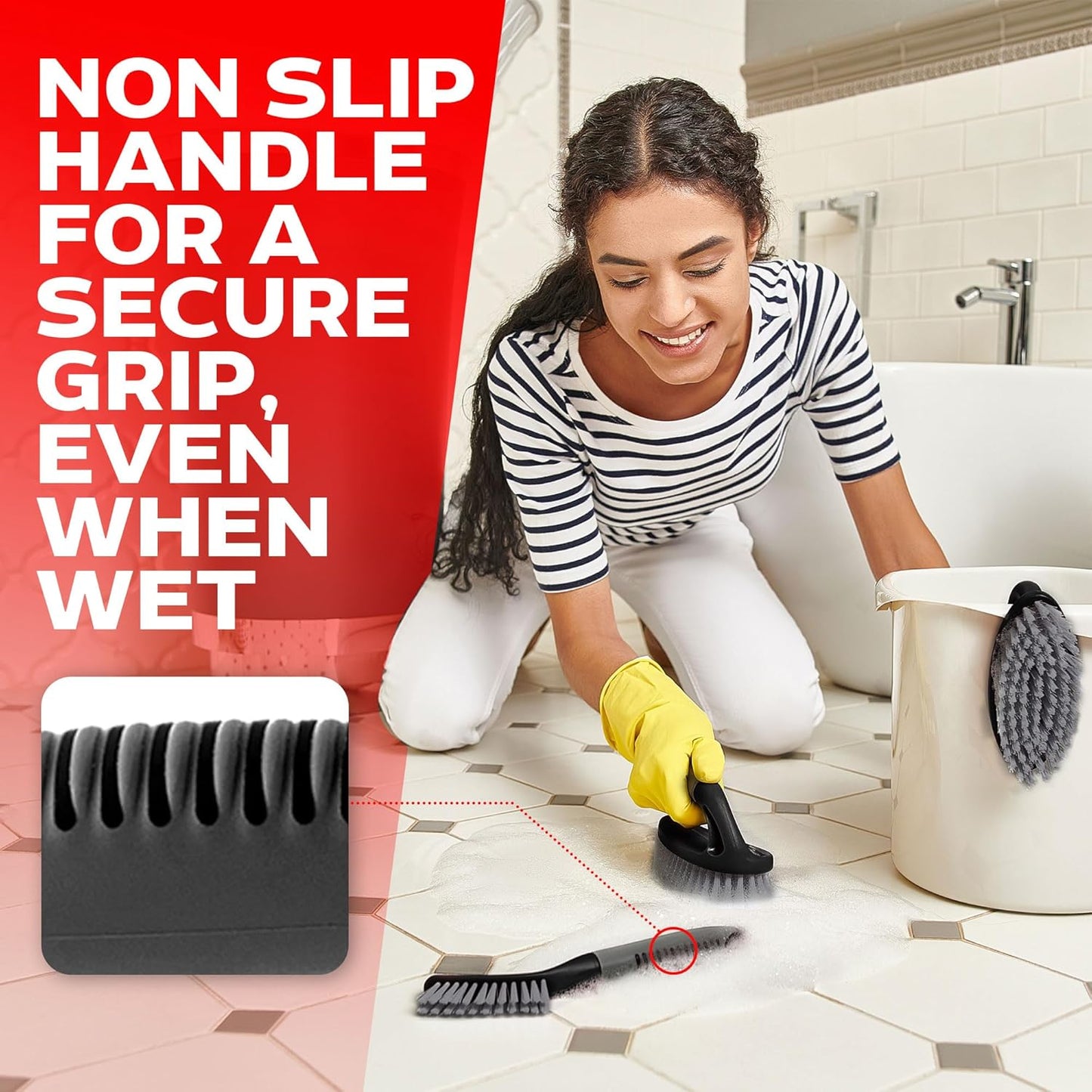 Scrub Brush Set of 3pcs - Cleaning Shower Scrubber with Ergonomic Handle and Durable Bristles - Grout Cleaner Brush - Scrub Brushes for Cleaning Bathroom/Shower/Tile/Kitchen/Floor/Bathtub/Carpet