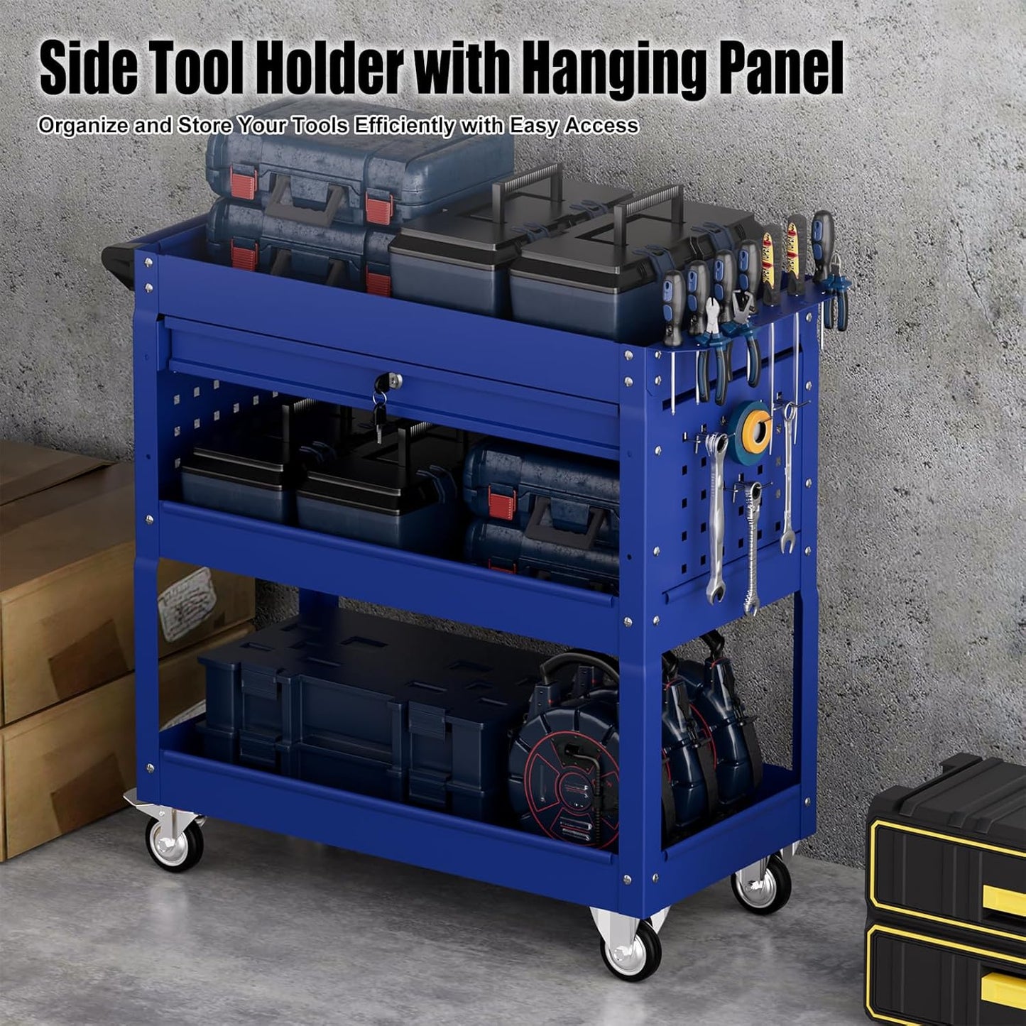 3 Tier Heavy Duty Tool Cart, Mechanic Metal Rolling Tool Carts Work Cart with Locked Drawers & Pegboard for Garage Workshop