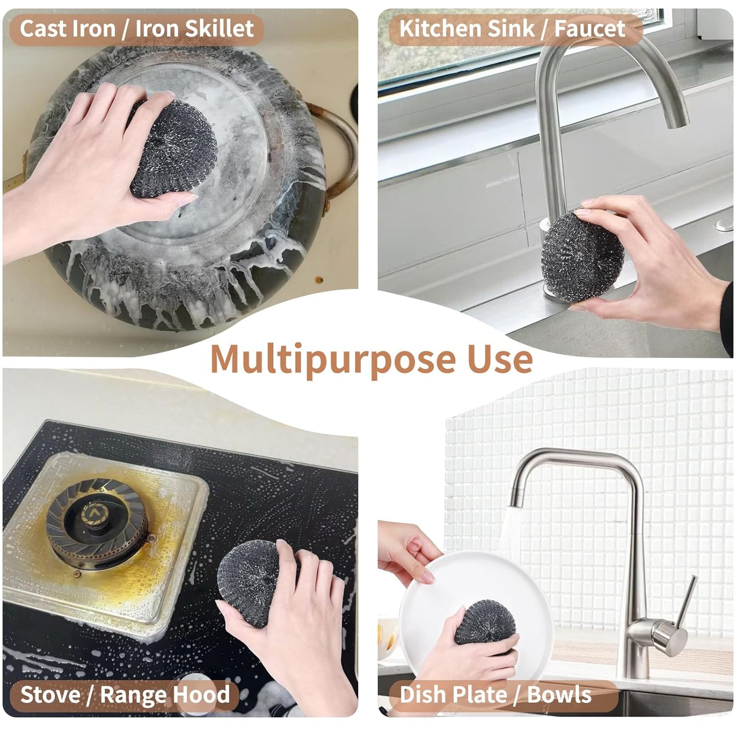 6PCS Steel Wool Scrubber Wire Sponge Set, Barbecue Grill Cleaning Scrubber Pads, Stainless Steel Scrubber Replacement for Scouring Messes from Cast Iron, Pots, Pans, Grill, Stoves, Sink (6 Pads)