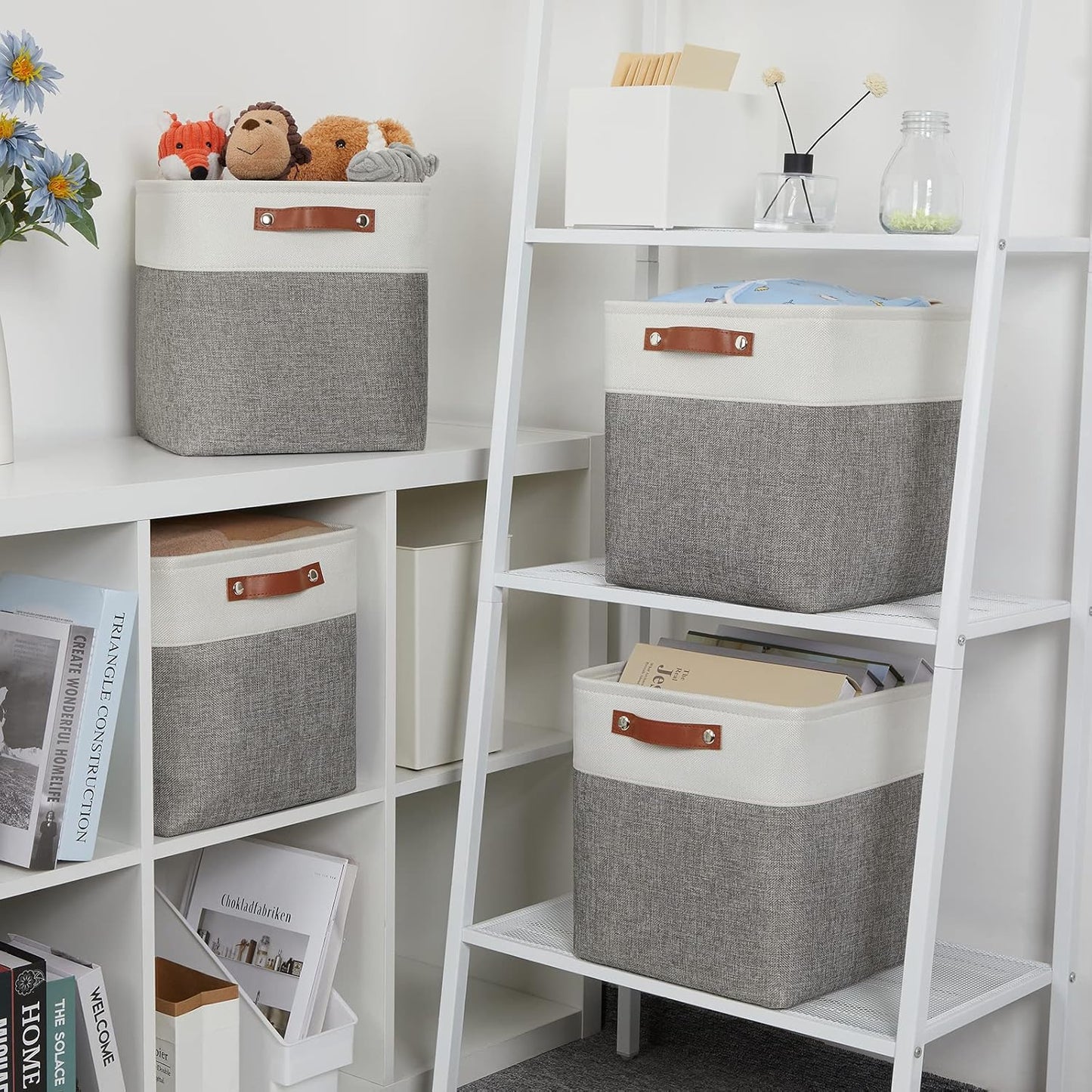 DULLEMELO [Set of 4 Storage Cubes Baskets for Organizing, 12 x 12 x 12 inch Cube Storage Organizer Bins with Leather Handles, Foldable Fabric Cloth Bins for Cube Storage(4 Pack - 12" White&Grey)