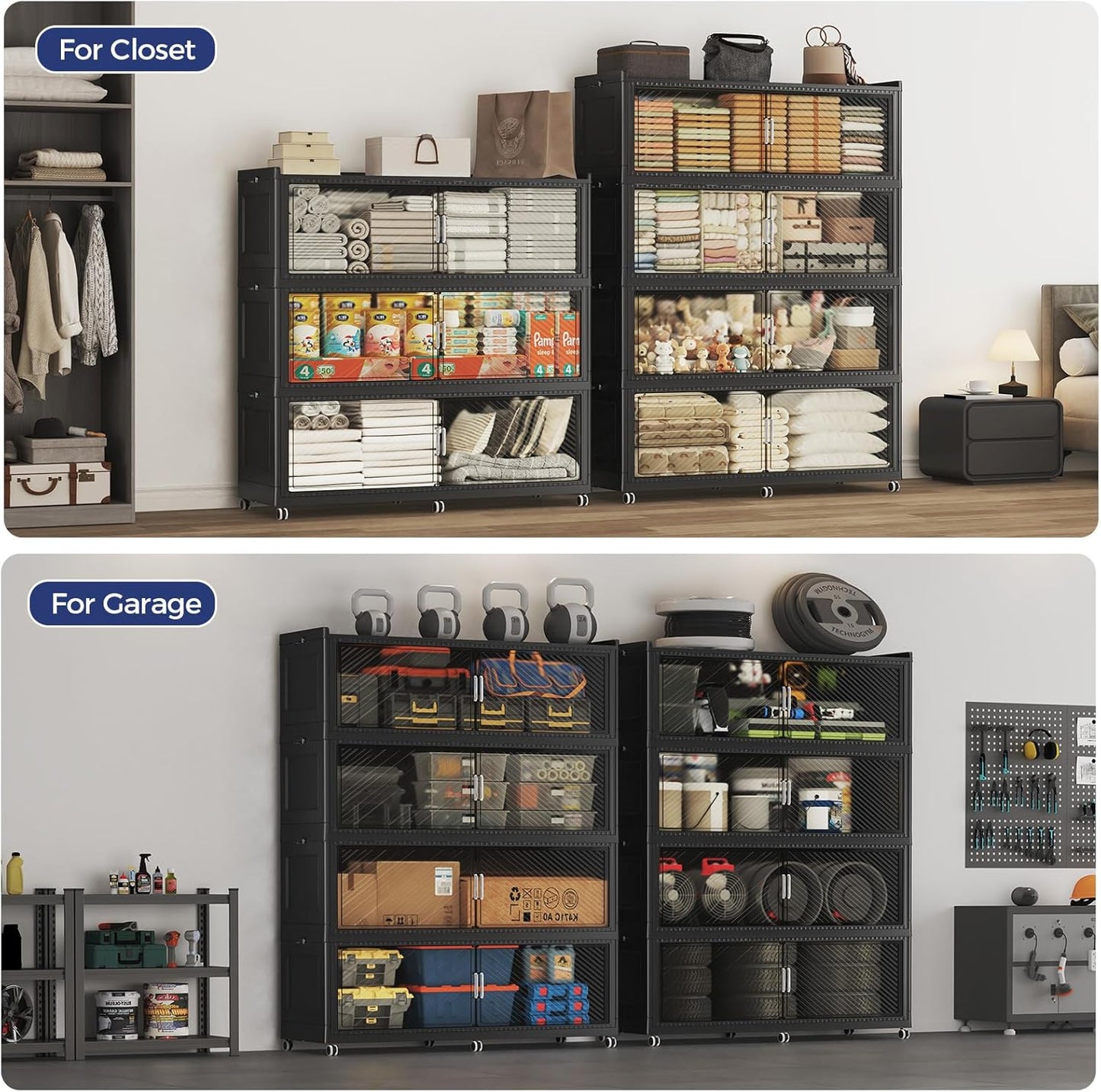 240GAL Extra Large Storage Bins with Lid, 960QT Collapsible Organizer with Wheels, Stackable Closet Cabinet with Doors, Folding Storage Containers for Home, Office, Dorm, 3Pack Black