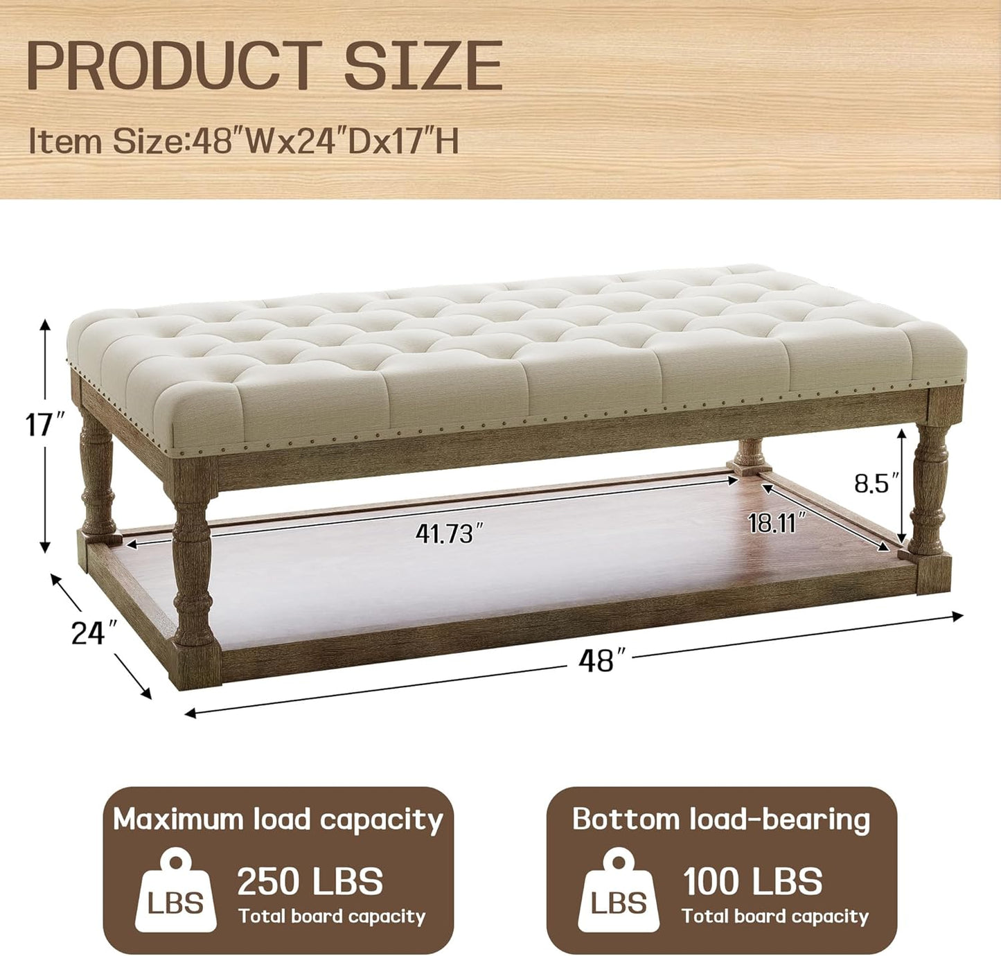 48" Large Ottoman with Storage Coffee Table, Upholstered Tufted Linen Ottoman Bench with Solid Wood Shelf for Living Room, Bedroom, Holds 250lbs (Ivory)
