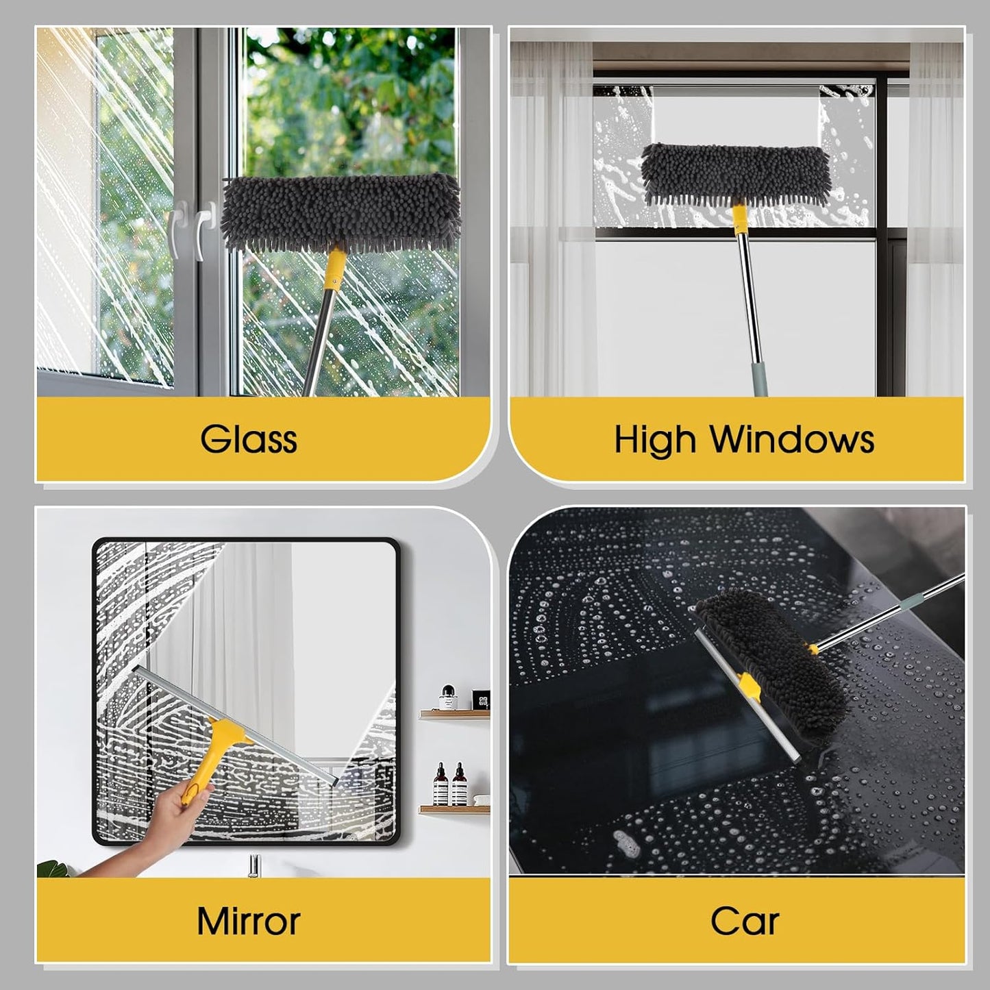 81" Long Handle Window Cleaner Tool Squeegee with Extension Pole, 2 in 1 Large Surface Window Cleaning Kit, Professional Window Washing Kit for High Windows Glass Car Mirror Solar Panel