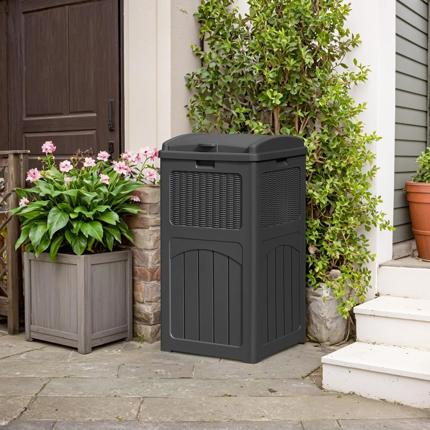 YESHOMY 4 Pack Outdoor Trash Can with Lid, Garbage Bins for Garden, Porch, Home and Kitchen, Gray