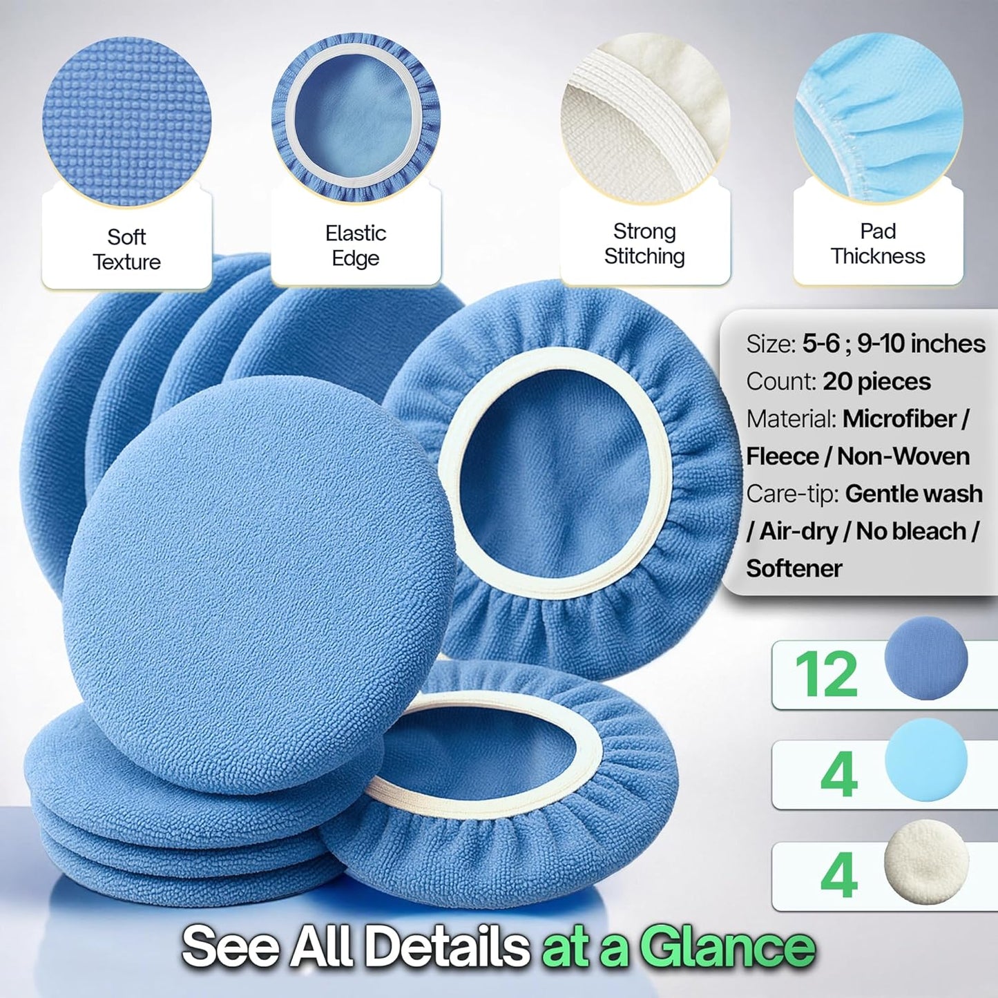 20 Pack Buffing Pads, Polishing Pad Covers, Microfiber & Wool for 9–10 Inch Buffer Polisher; Car Buffer Accessories for Car Detailing Kit; Wax, Polishing Compound & Polish Finishing, Durable Set