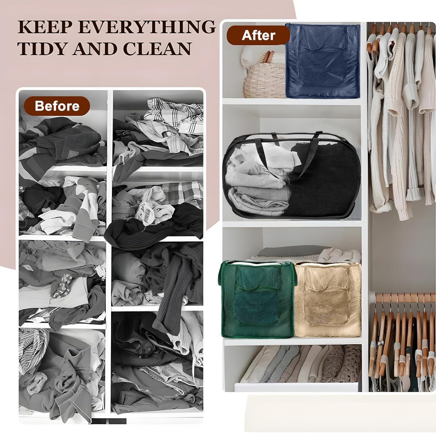 2 Pack Closet Storage Bins, Storage Containers for Closets, Fabric Closet Bins for StorageDecorative ,Collapsible Baskets for Organizing Clothes Toy Nursery (Beige/Gray)