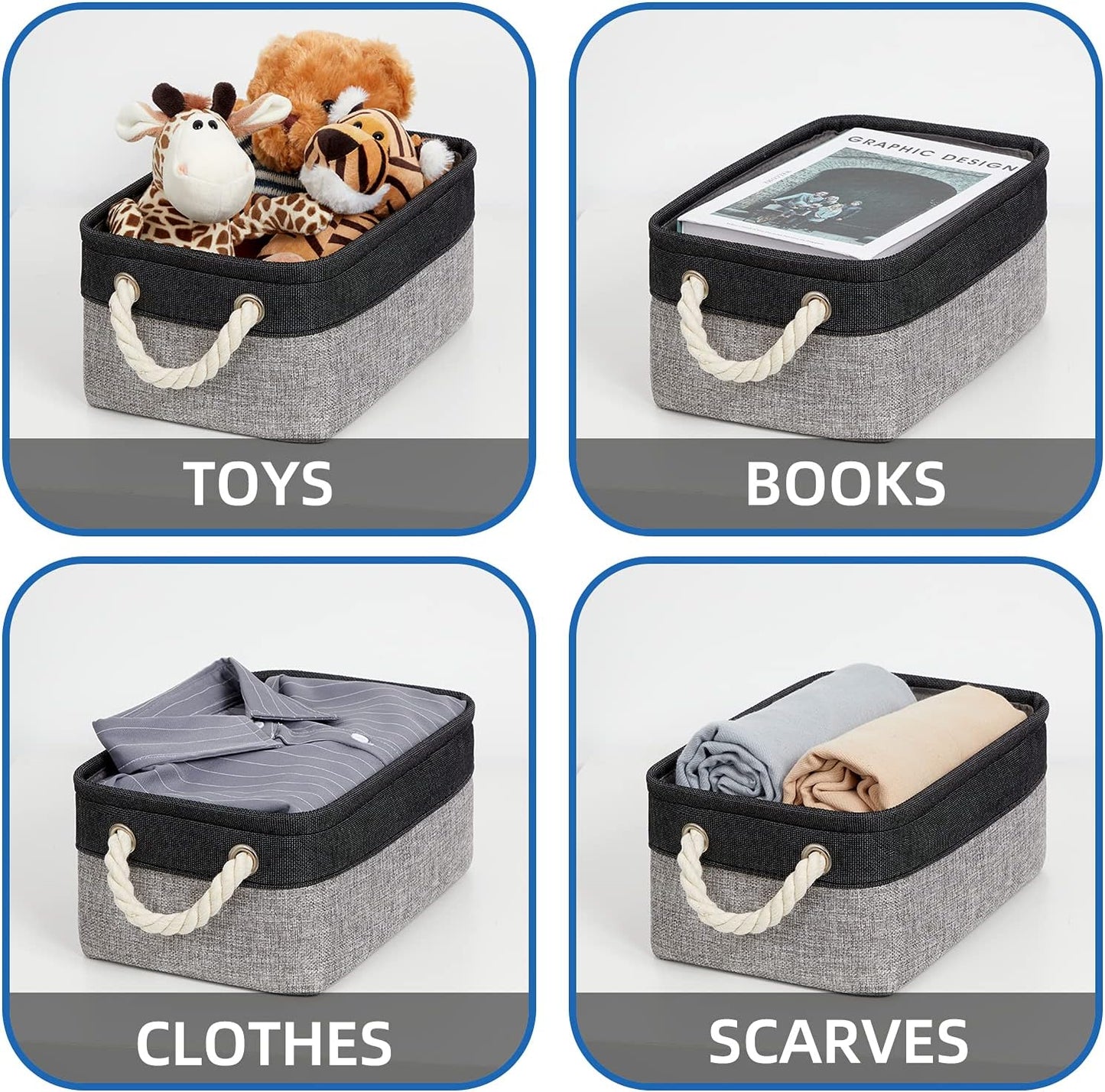 Temary Fabric Storage Baskets 6 Pcs Small Cloth Basket for Shelves Collapsible Decorative Storage Organizer Small Canvas Storage Bins with Handles (Black,11.8L x 7.9W x 5.3H inches)