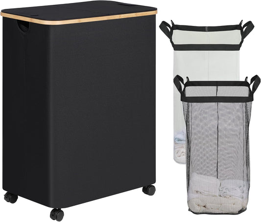 efluky Double Laundry Hamper with Wheels, Divided Laundry Hamper with Removable Bags, 2 Section Dirty Clothes Basket with Handles for Bathroom, Bedroom & Laundry Room, 160L Dark Black