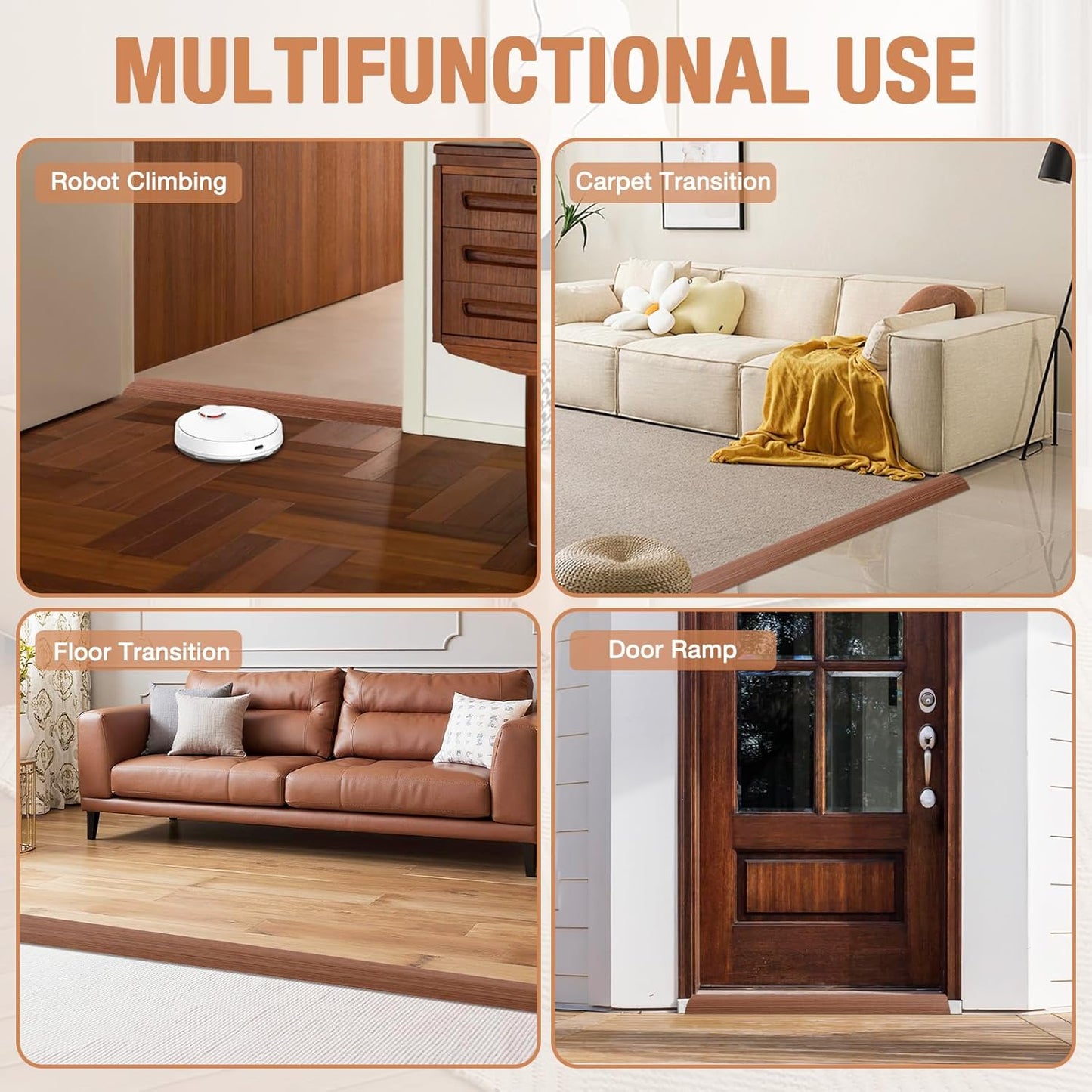 Floor Transition Strip Self Adhesive Vinyl Door Threshold for Doorways Carpet Edging Trim Overlap Edge Reducer for Laminate Floor, Carpet, Tile (Light Brown Wood Grain, 1/5" to 2/5", 3.3Ft)