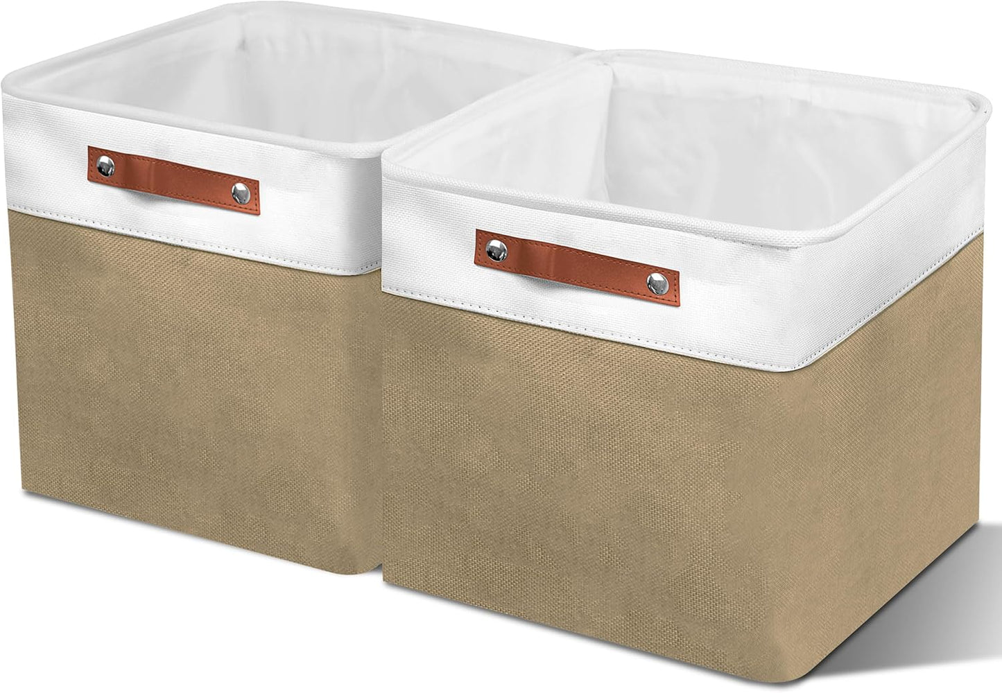 12in Open Fabric Storage Basket with Leather Handles for Organizing, Collapsible Linen Closet Bins for Shelves, Closets, Laundry, Decorative Basket for Gifts. (White＆Khaki, 2PCS/12x12in)