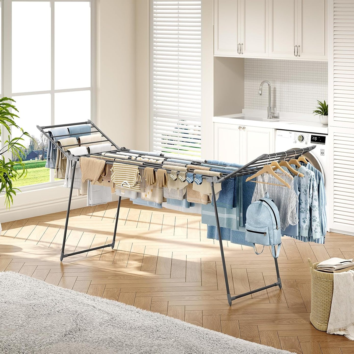 APEXCHASER Clothes Drying Rack Foldable, Large Drying Rack Clothing Retractable, Metal Clothes Airer for Bedding Towel Sweater Heavy Duty, Indoor Outdoor Use, 21.9"W x 100"L x 39"H, No Assembly, Grey