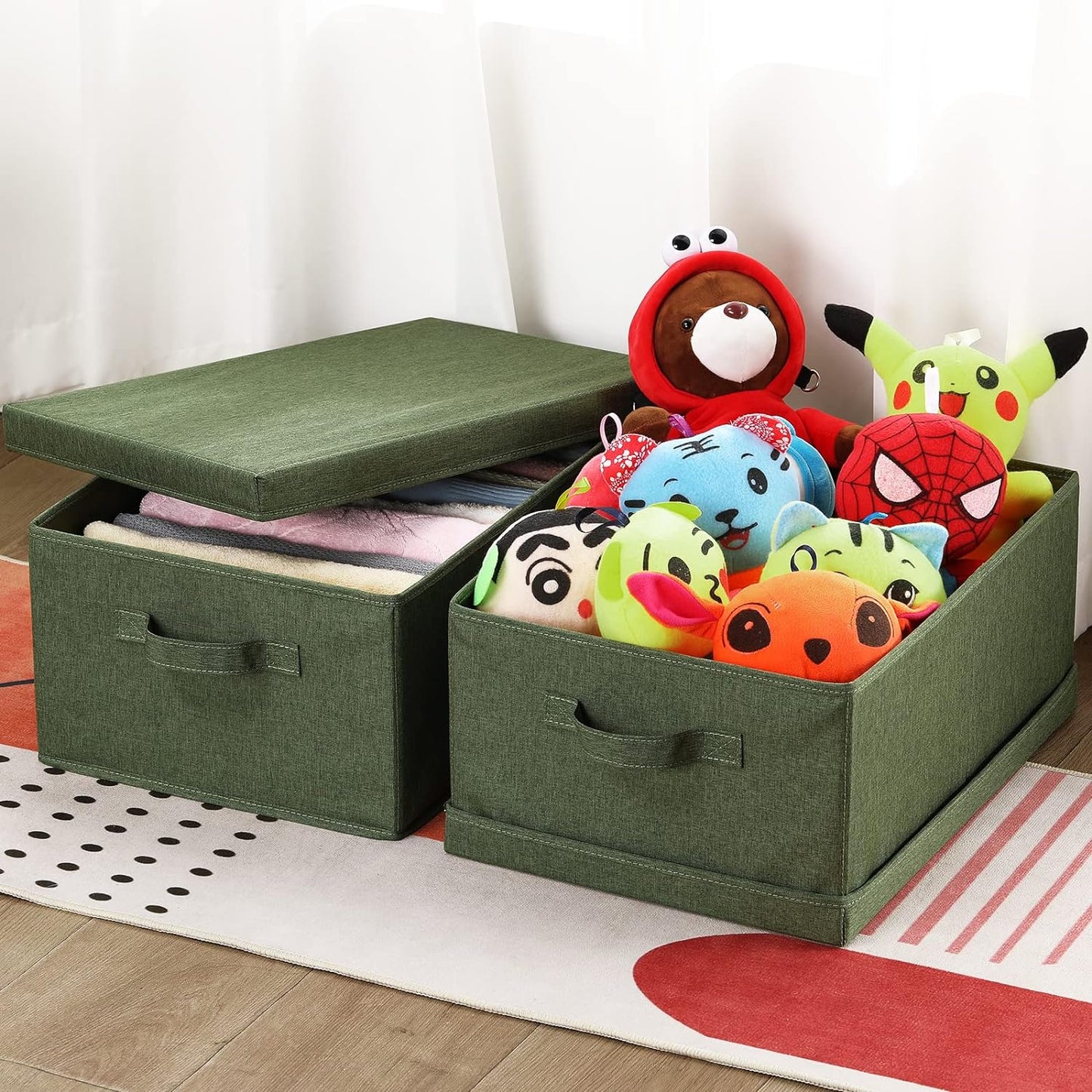 HOONEX Storage Bins with Lids for Organizing, Pack of 2, Storage Boxes with 2 Carrying Handles and Sturdy Heavy Cardboard, 16.5" L x 11.8" W x 7.5" H for Shoes, Books, Clothes, Olive