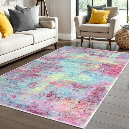 IOHOUZE Abstract Area Rug 4x6 Ft Washable Rugs for Entryway Indoor, Non Slip Small Living Room Rugs Printed Faux Wool Throw Rug, Floor Carpet for Kitchen Nursery Playroom, Pink Teal