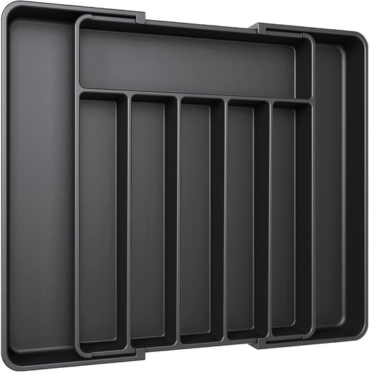Aujen Silverware Organizer - Expandable Kitchen Drawer Organizer, Adjustable Utensil Organizer, Cutlery Tray for Forks, Knives, Multipurpose Kitchen Organizers and Storage Solution, Black, Large