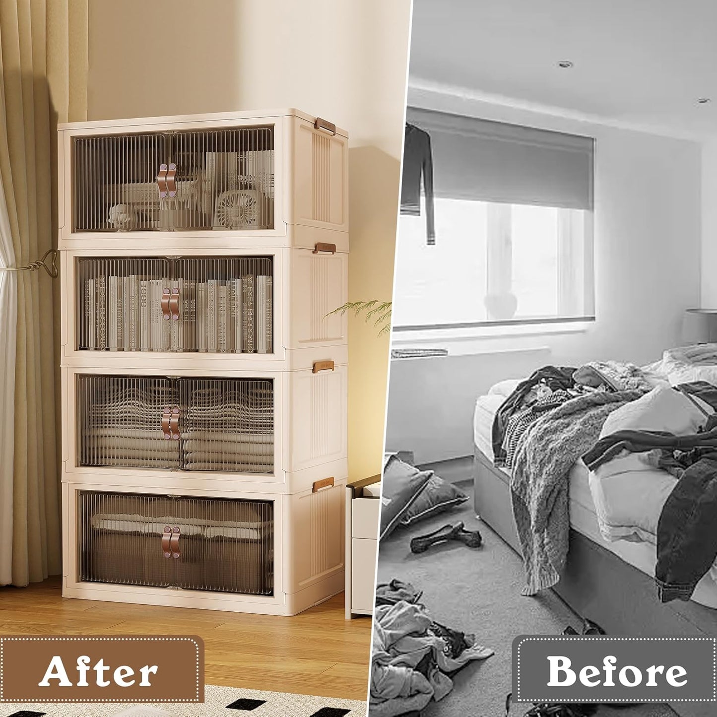 SAILUN 109Gal/434Qt Stackable Storage Bins Folding Collapsible Storage Bins with Lid, Closet Organizers and Storage Box Beige 26" W x 17" D x 56.7" H