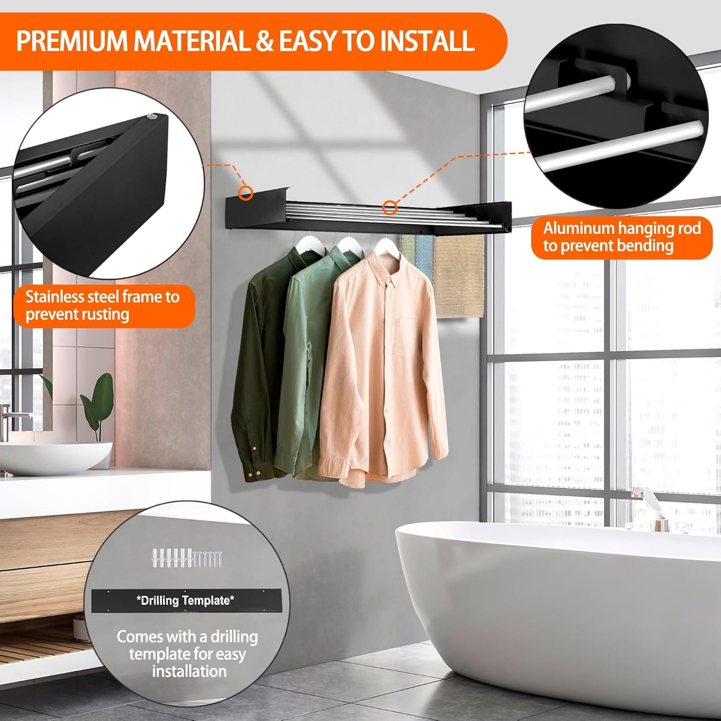 FOCHIER F Laundry Drying Rack Wall Mounted Clothes Drying Rack Collapsible with 5 Aluminum Rods and Drilling Template Long Screwdriver Bit 60 lbs Capacity (Black, 23.6“)