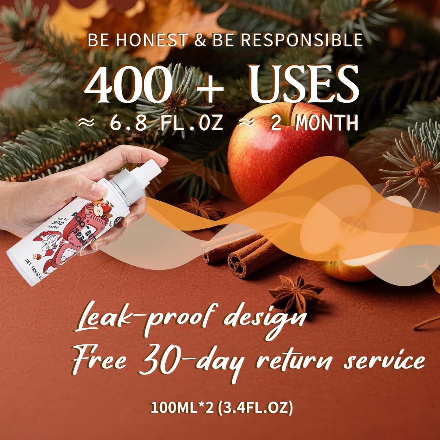 Clean-n-Fresh Toilet Spray, Apple Cinnamon, 6.8 Fl.Oz, Up to 400+ Uses, Air Freshener Spray, Toilet Bathroom Odor Deodorizer, Cinnamon, Apple & Pine Scent