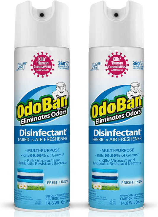 OdoBan Ready-to-Use 360-Degree Continuous Spray Disinfectant and Harsh Aroma Eliminator, Fabric and Air Freshener, 2 Pack, 14.6 Ounces Each, Fresh Linen Scent