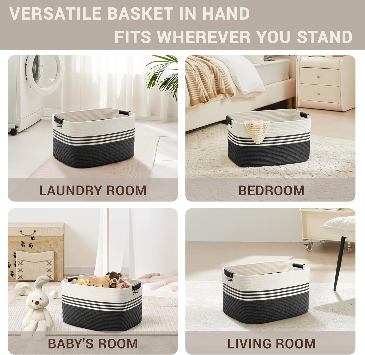 45L Small Laundry Basket with Leather Handles for Living Room Storage, Woven Rope Baskets Bin for Blanket, Kids Toy, Gifts, Wicker Hamper for Bedroom Dirty Clothes, 18"x14"x11" White Black