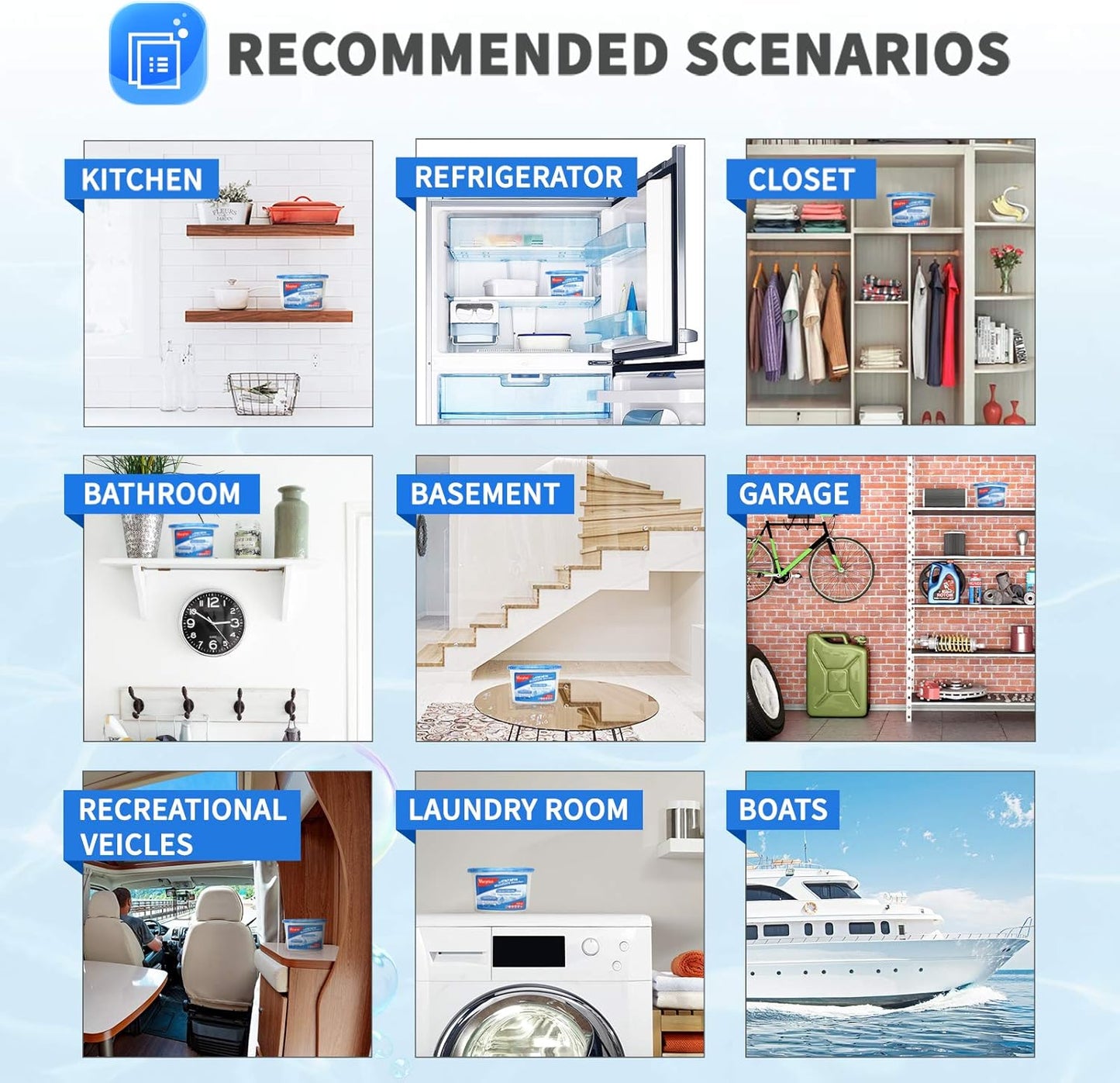 Vacplus Moisture Absorbers 6 Pack, 10.5 Oz Portable Humidity Absorber Boxes for Your Bathroom, Closet & Car, Dehumidifier with Ocean Fragrance, Light Blue