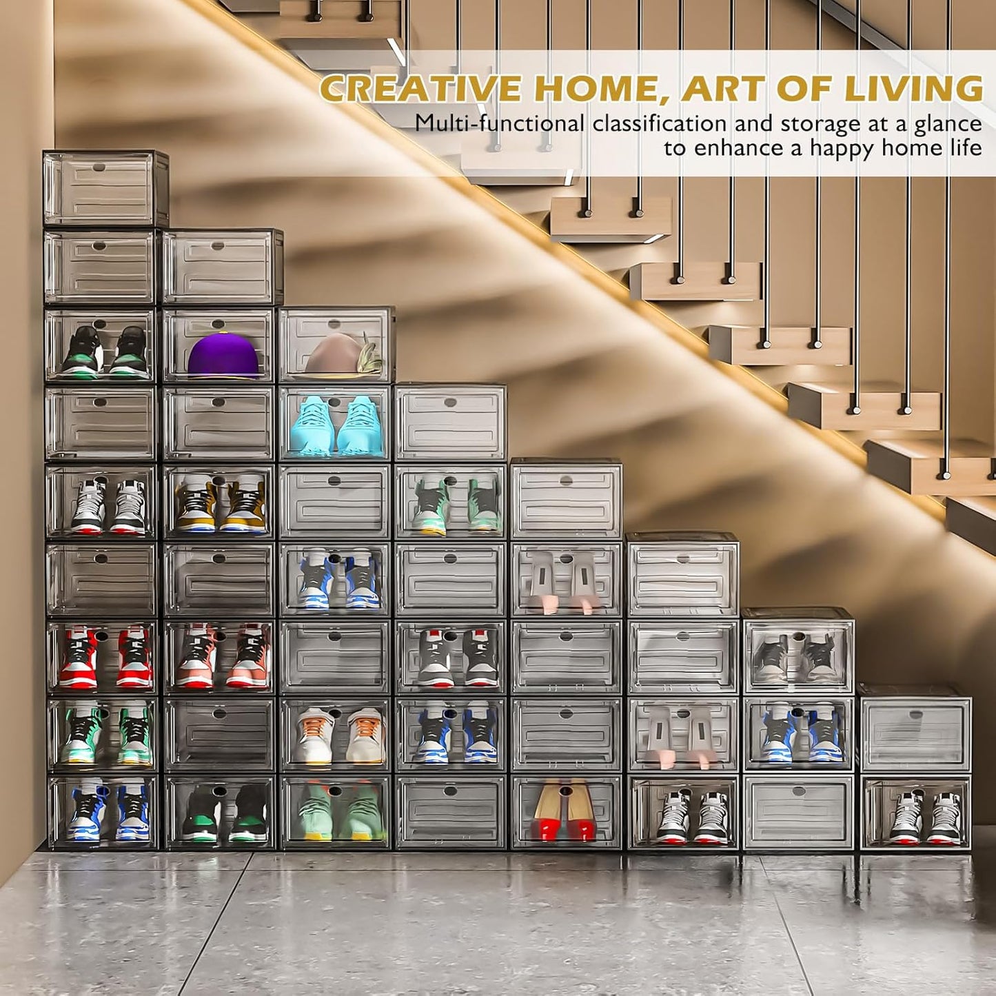 7 code Large Clear Shoe Boxes Organizer【Thicker Material】 Stronger Shoe Box with Magnetic Door, Stackable Shoe Storage Box for Closet, Foldable Space-Saving Storage Bins Shoe Cabinet, Black 9-Pack