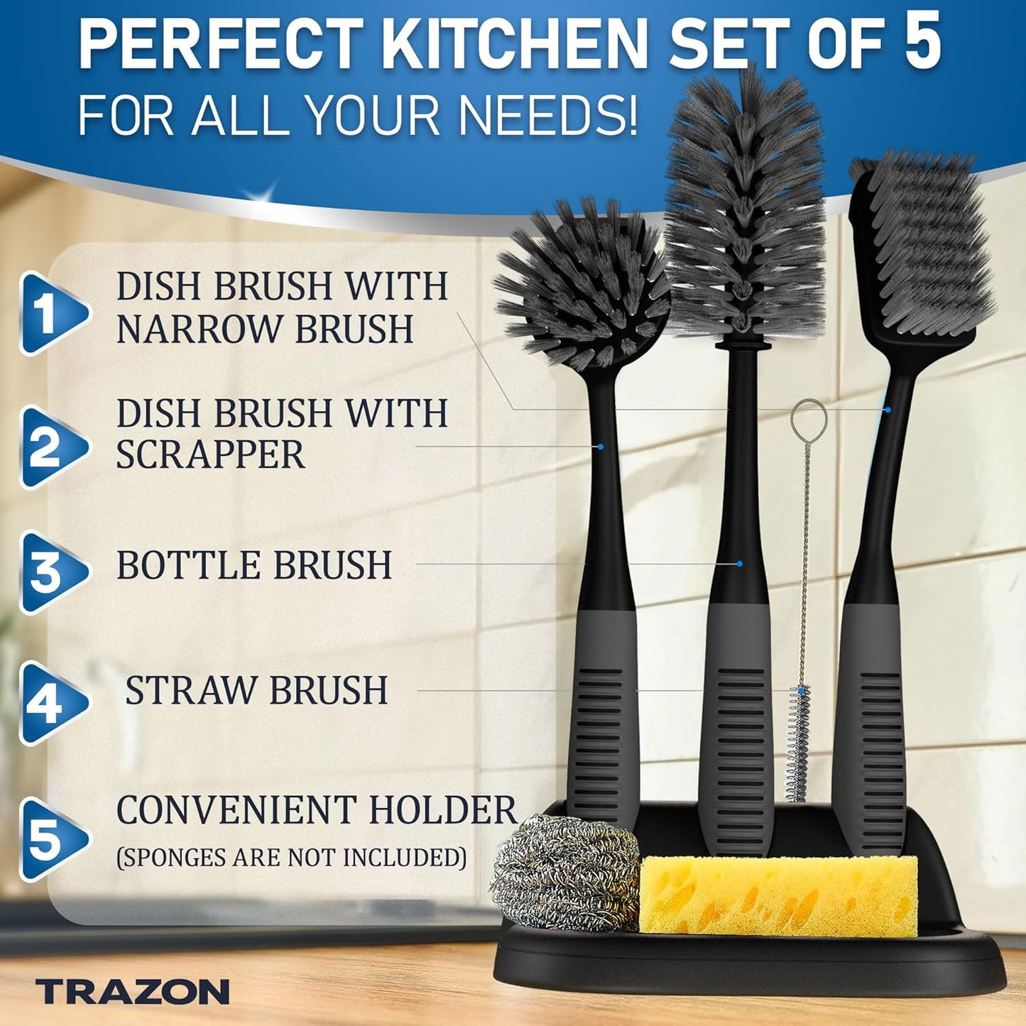 Dish Brush Set of 5 with Holder - Kitchen Scrub Brushes with Non-Slip Long Handle for Cleaning, Scrubber, Dishwashing, Dishes, Bottles, Straws, Cups, Pots & Sink, Black