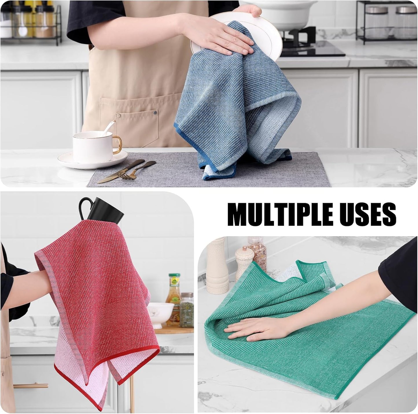 Homaxy Premium Kitchen Towels(18”x 28”, 6 Pack), Large Cotton Kitchen Hand Towels, Flat and Terry Dish Towels, 380 GSM Highly Absorbent Tea Towel Set with Hanging Loop, Navy Blue/Red/Green