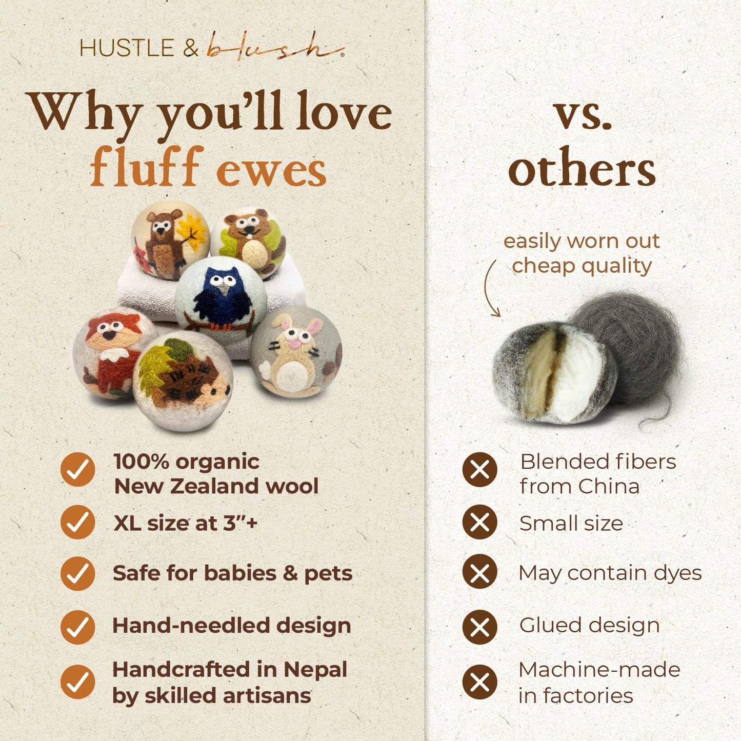 Fluff Ewes Wool Dryer Balls 6 Pack Premium New Zealand Wool Laundry Balls for Dryer, No Static Dryer Balls Laundry Reusable, XL Hedgehog Dryer Balls, Baby Dryer Balls for Dryers - Hedgehog and Homies