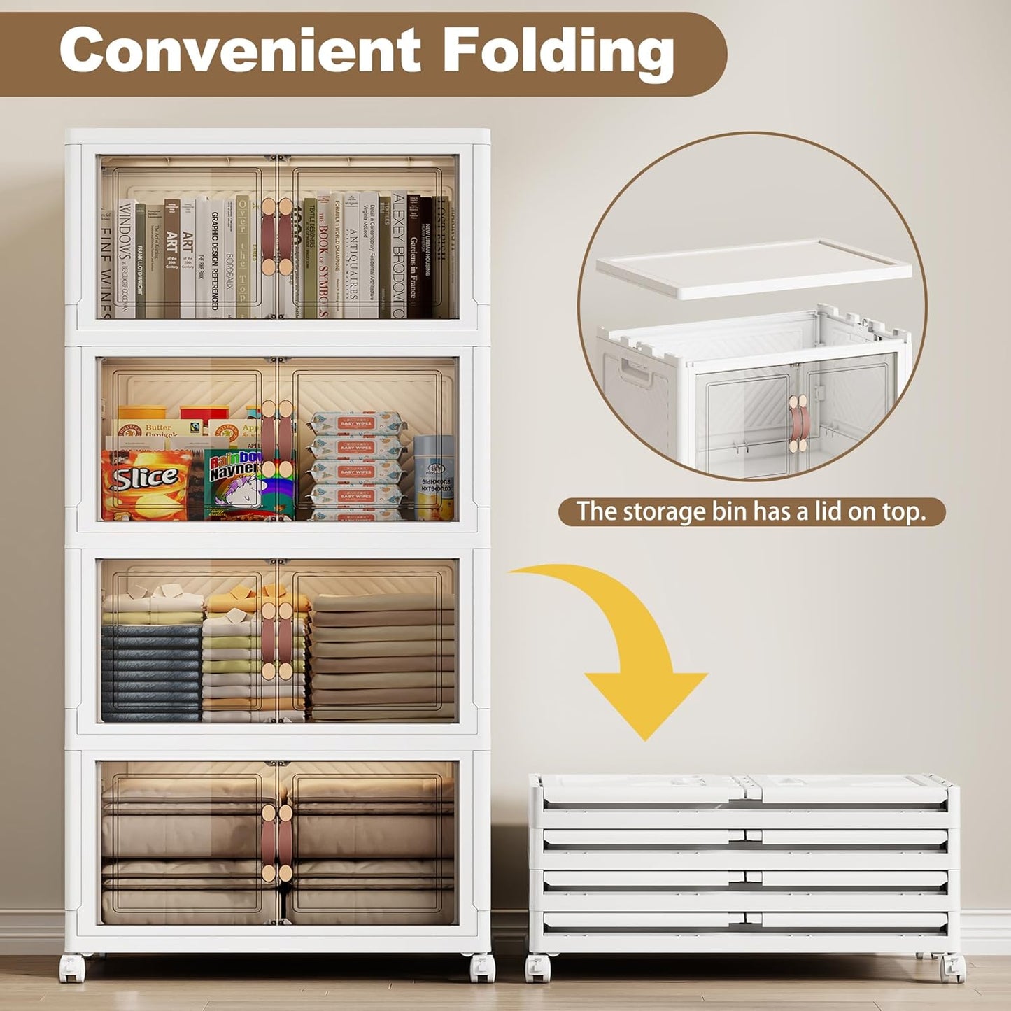 SAILUN 628QT Extra Large Collapsible Storage Bins with Wheels and Lid, Stackable Bins Open Closet Organizers and Storage Storage Containers Drawers,30" L × 19.7" W × 66" H（4 Pack）