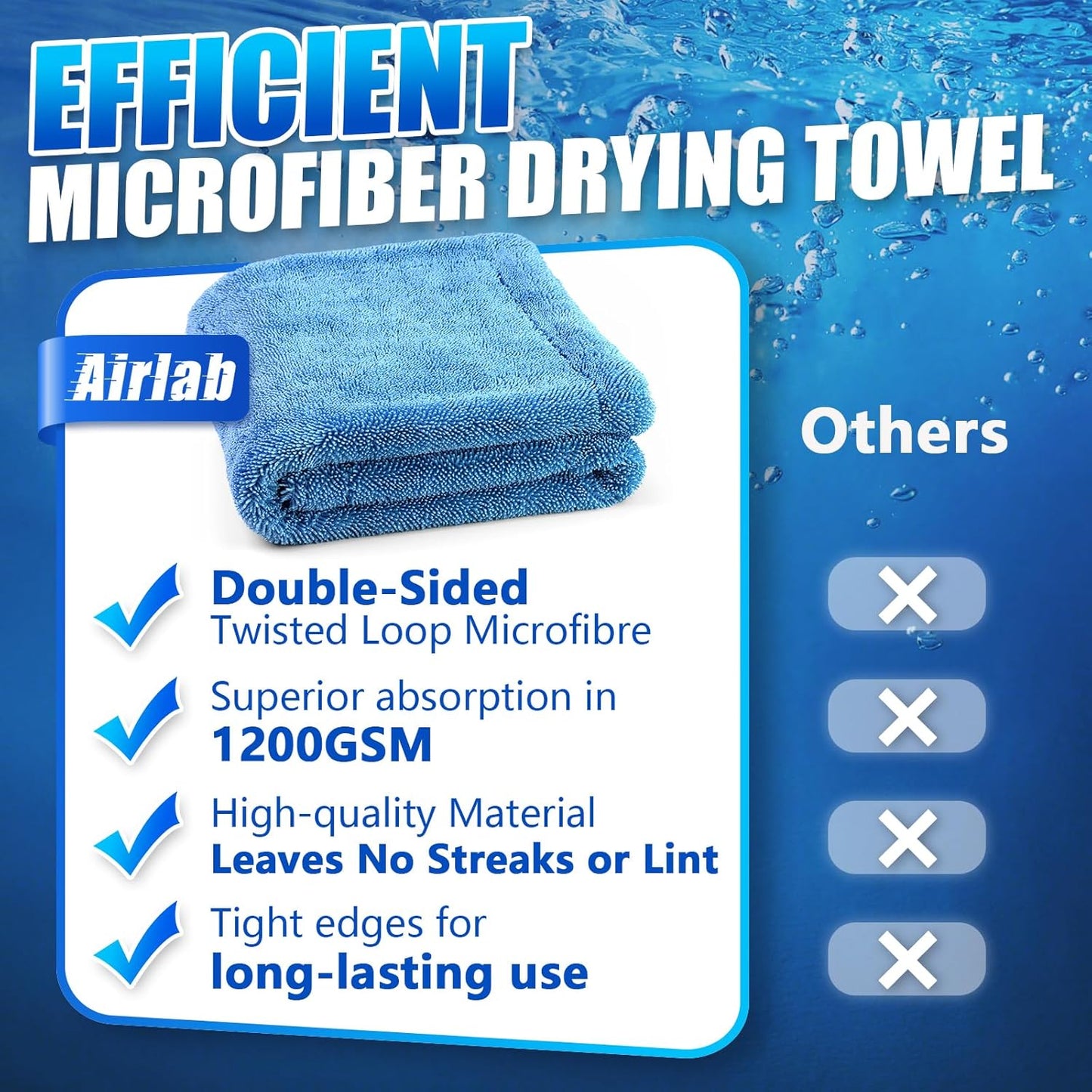 Airlab Car Drying Towel Microfiber Towels for Cars 1200 GSM Wash Auto Detailing Supplies Twist Pile Cleaning Cloth Absorbent Quick Dry Soft Loop Dry Flash Towel, 24 x 16 Inch,Pack of 1, Blue