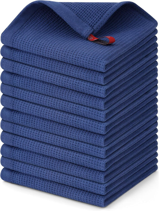 Homaxy 100% Cotton Waffle Weave Dish Cloths - 12 Pack Soft and Absorbent Dish Towels - 12 x 12 Inches Quick Dry Dish Rags - Navy Blue
