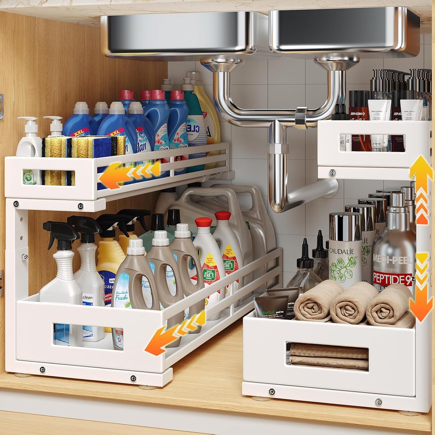 2-Pack 20.47"Deep Under Sink Organizer And Storage,2-Tier L-Shaped Pull Out Cabinet Organizer with Upgraded Slide Rails,Height Adjustable Drawers for Kitchen&Bathroom,Extra-Large Storage Shelves–White