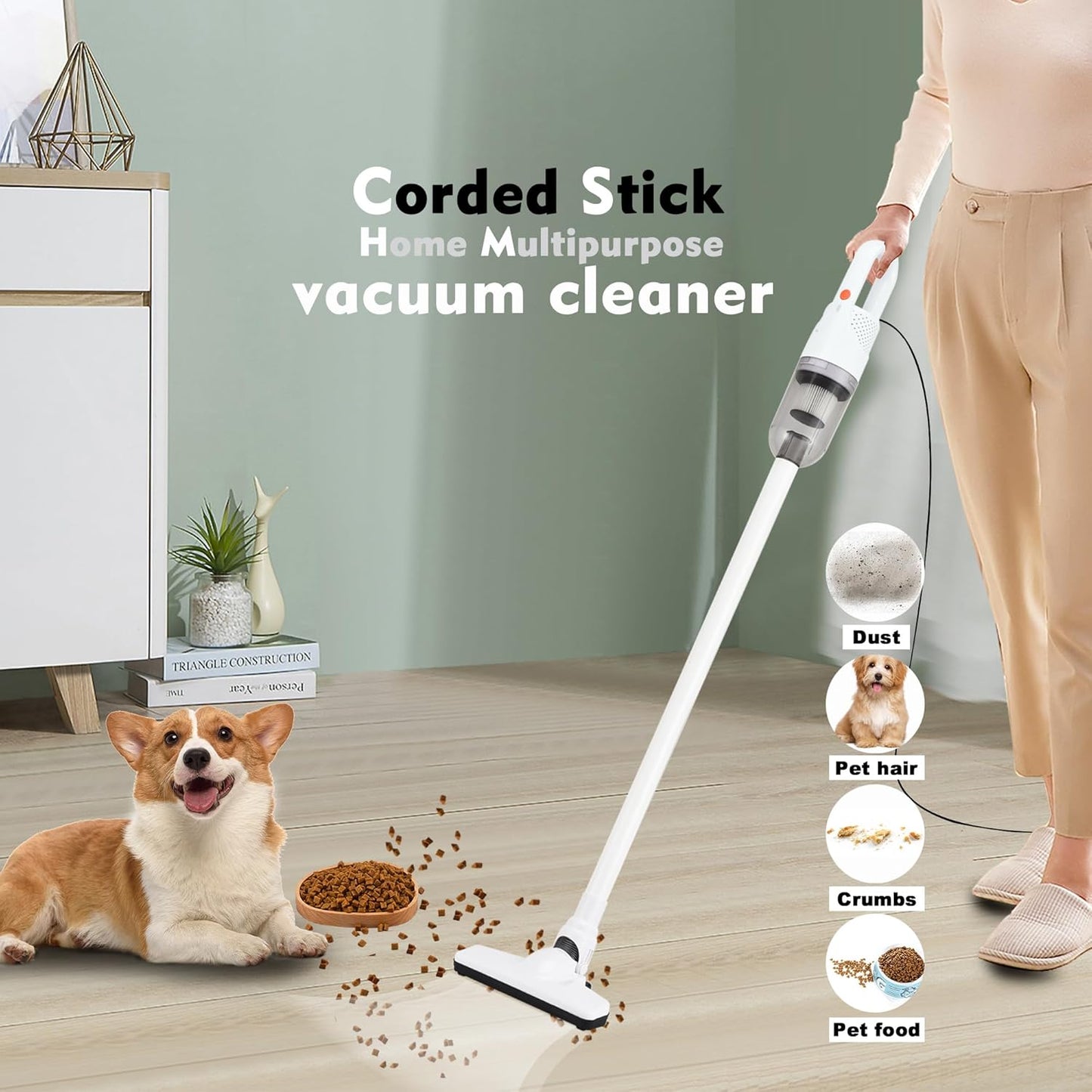 6-in-1 Lightweight Stick Vacuum Cleaner with 100W Powerful Motor, Mini Portable Household Handheld Vacuum Cleaner for Domestic Hard Floors, Carpets and Pet Hair(White Corded)