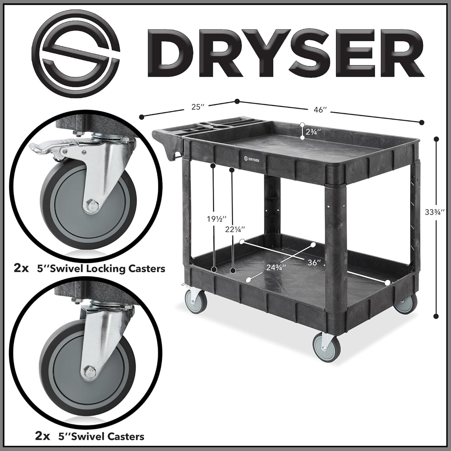 Dryser Utility Cart with Wheels, 46" x 25" Heavy Duty 550 lb. Capacity with Shelves - 2 Tier Rolling Cart with Four 5" Swivel Casters for Warehouse, Garage, Cleaning