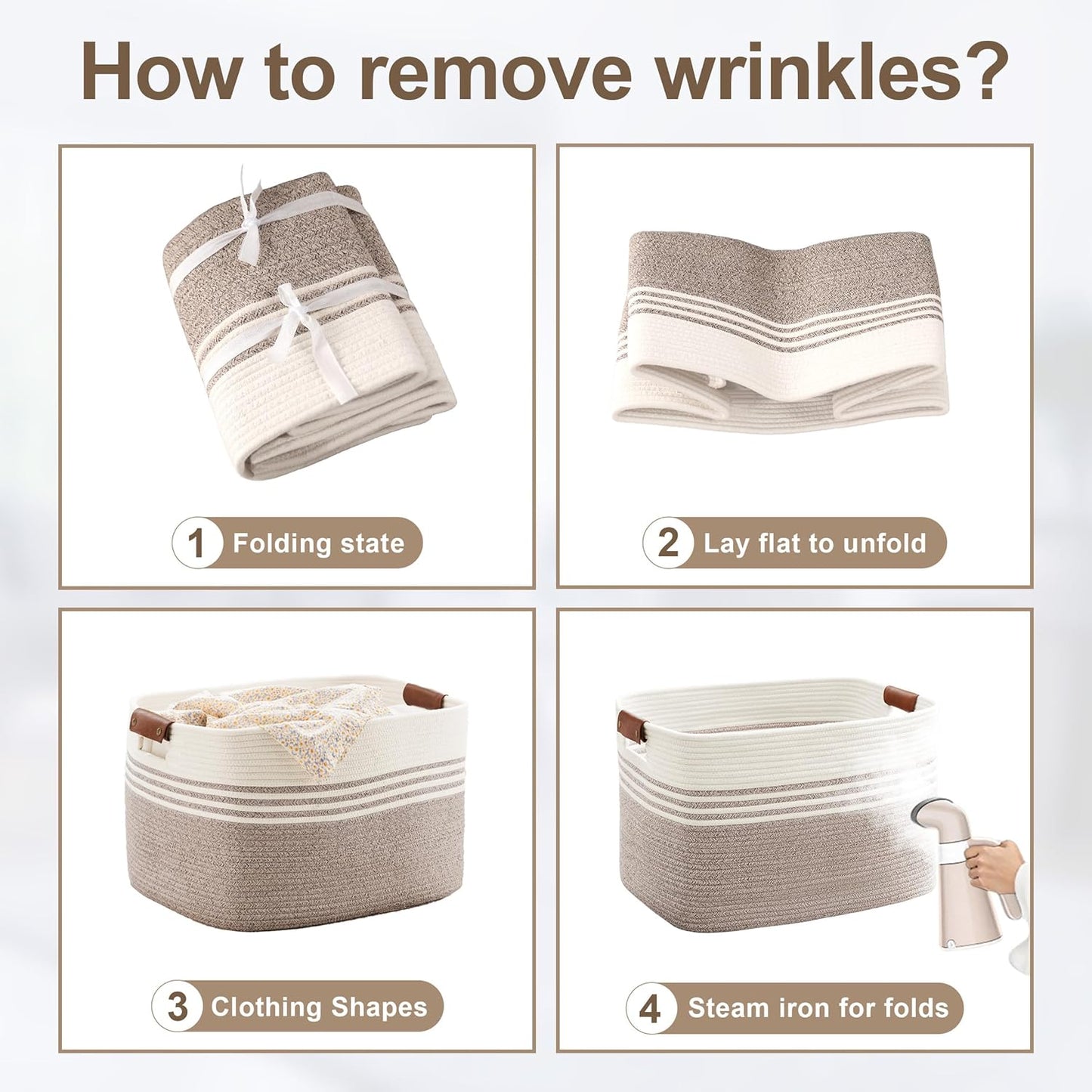 60L Large Laundry Basket with Leather Handles for Living Room Storage, Woven Rope Baskets Bin for Blanket, Kids Toy, Gifts, Wicker Hamper for Bedroom Dirty Clothes, 21"x15"x11" White Brown