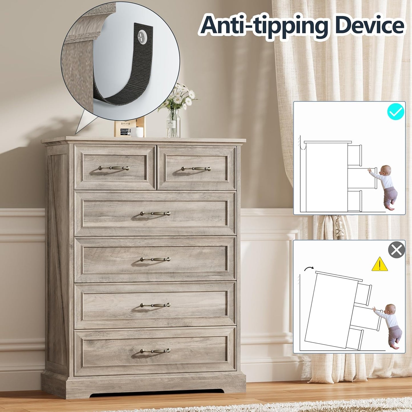 6 Drawer Dresser for Bedroom, 43" Tall Wooden Chest of Drawers, Rustic Farmhouse Dresser with Large Drawers & Metal Handles, Modern Storage Organizer for Closet, Living Room, Hallway, Grey