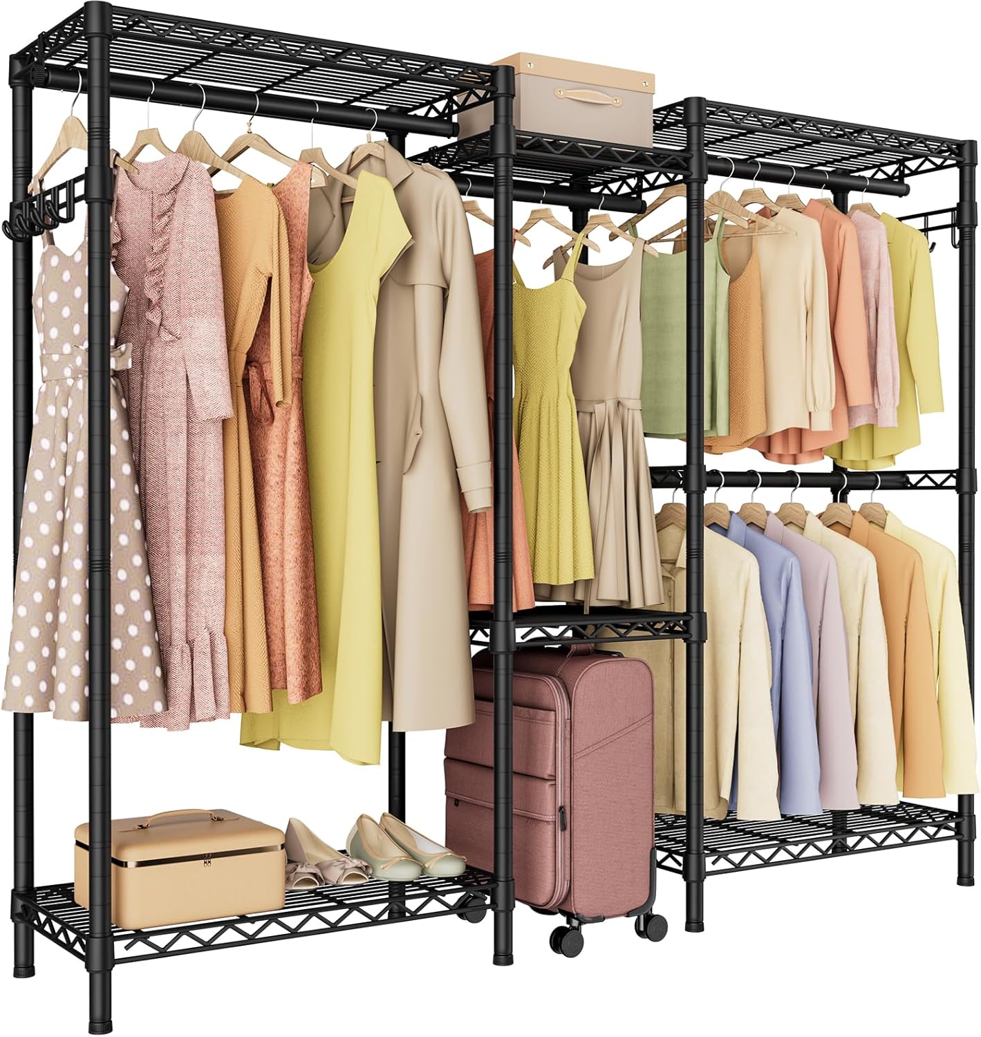 Heavy Duty Garment Rack Large Clothes Rack,Freestanding Closet Portable Clothing Rack with 7 Adjustable Wire Shelves&4 Hang Rods&2 Hooks,Metal Closet Storage Organizer Wardrobe System,MaxLoad 1000lbs