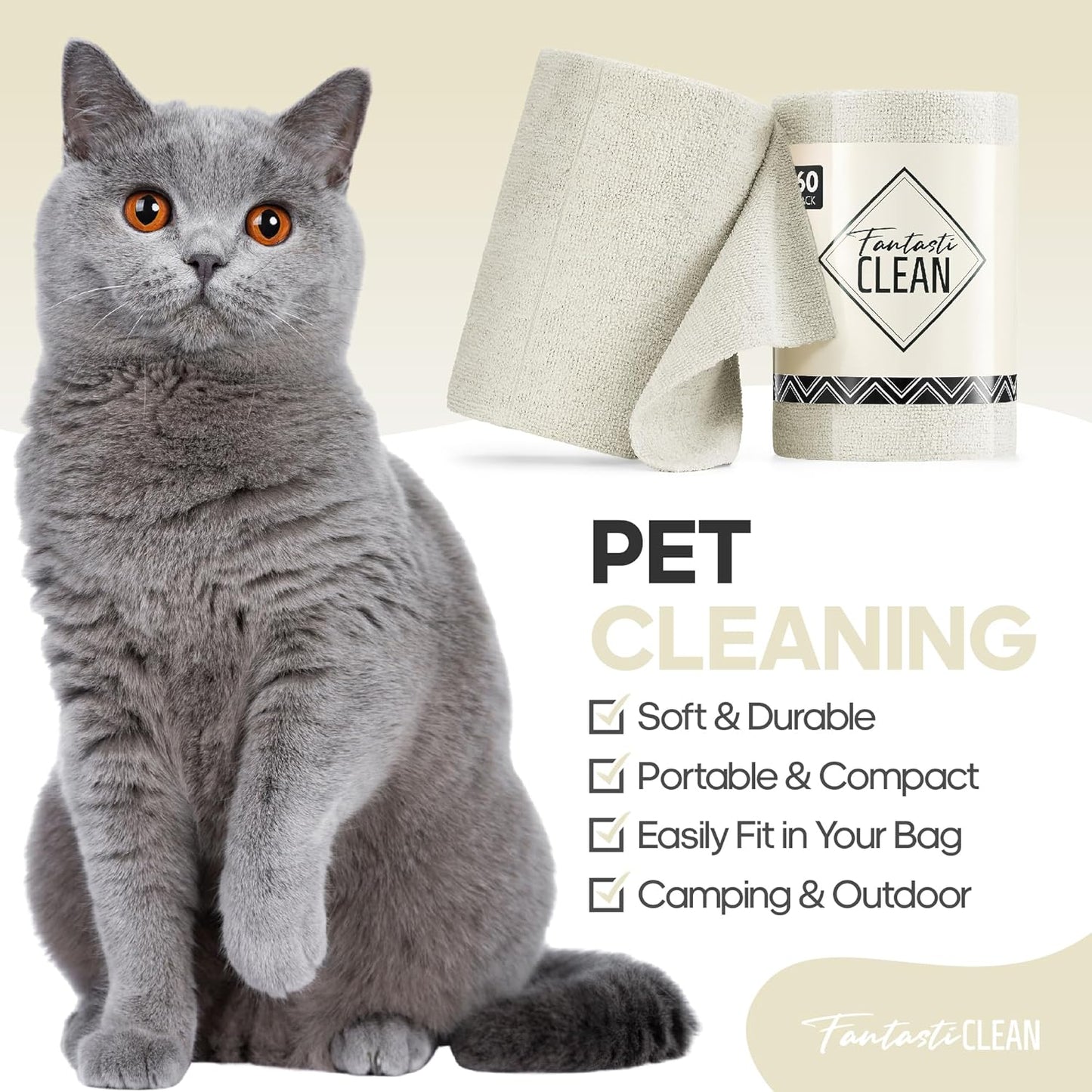 Fantasticlean Microfiber Cleaning Cloth Roll 4 Rolls 240 Pack, Tear Away Paperless Towels, 8" x 8", Reusable Washable Rags, Home Kitchen, Pet, Office, Indoor Outdoor, Compact and Portable (Off-White)