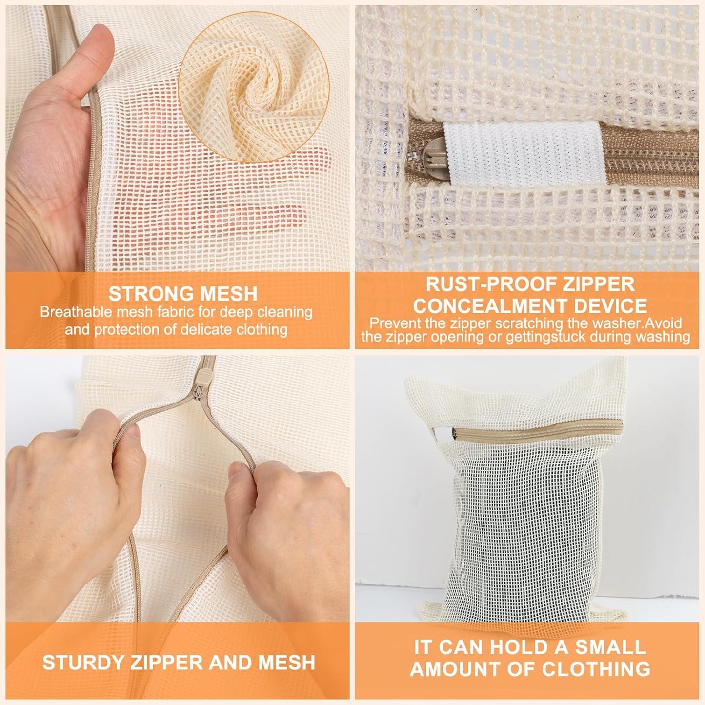 4 Piece Small, Durable Organic Cotton Mesh Laundry Bag with Strong Zipper and Breathable Mesh, Delicate Laundry Bag for Underwear, Clothes, Pants and Socks