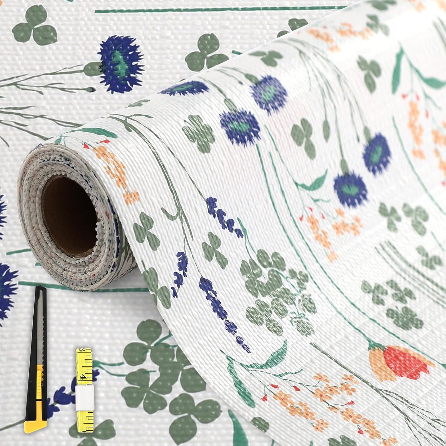 FINNEZ Shelf and Drawer Liner 12in x 20FT with Cutting Tool, Non Slip Non Adhesive Drawer Liners for Kitchen Cabinets, Waterproof Floral Cabinet Liner for Shelves, Refrigerator